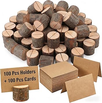 100 Pack Rustic Wooden Place Card Holders with 100 Kraft Cards, Table Number Holder, Photo Display Stand, Memo Card, Food Label Holder for Wedding, Party, Craft