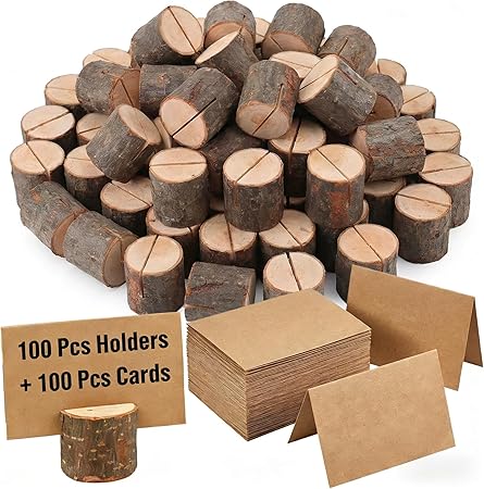 100 Pack Rustic Wooden Place Card Holders with 100 Kraft Cards, Table Number Holder, Photo Display Stand, Memo Card, Food Label Holder for Wedding, Party, Craft