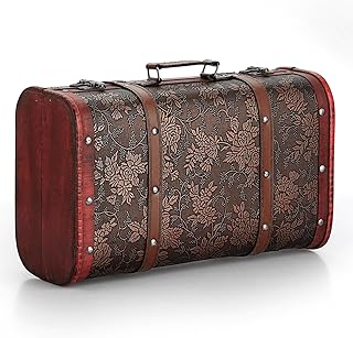 ELLDOO Vintage Wooden Storage Chest, Portable Decorative Luggage Suitcase With Grape Pattern, Pirate Treasure Keepsakes Box for Gifts, Decor and Travel