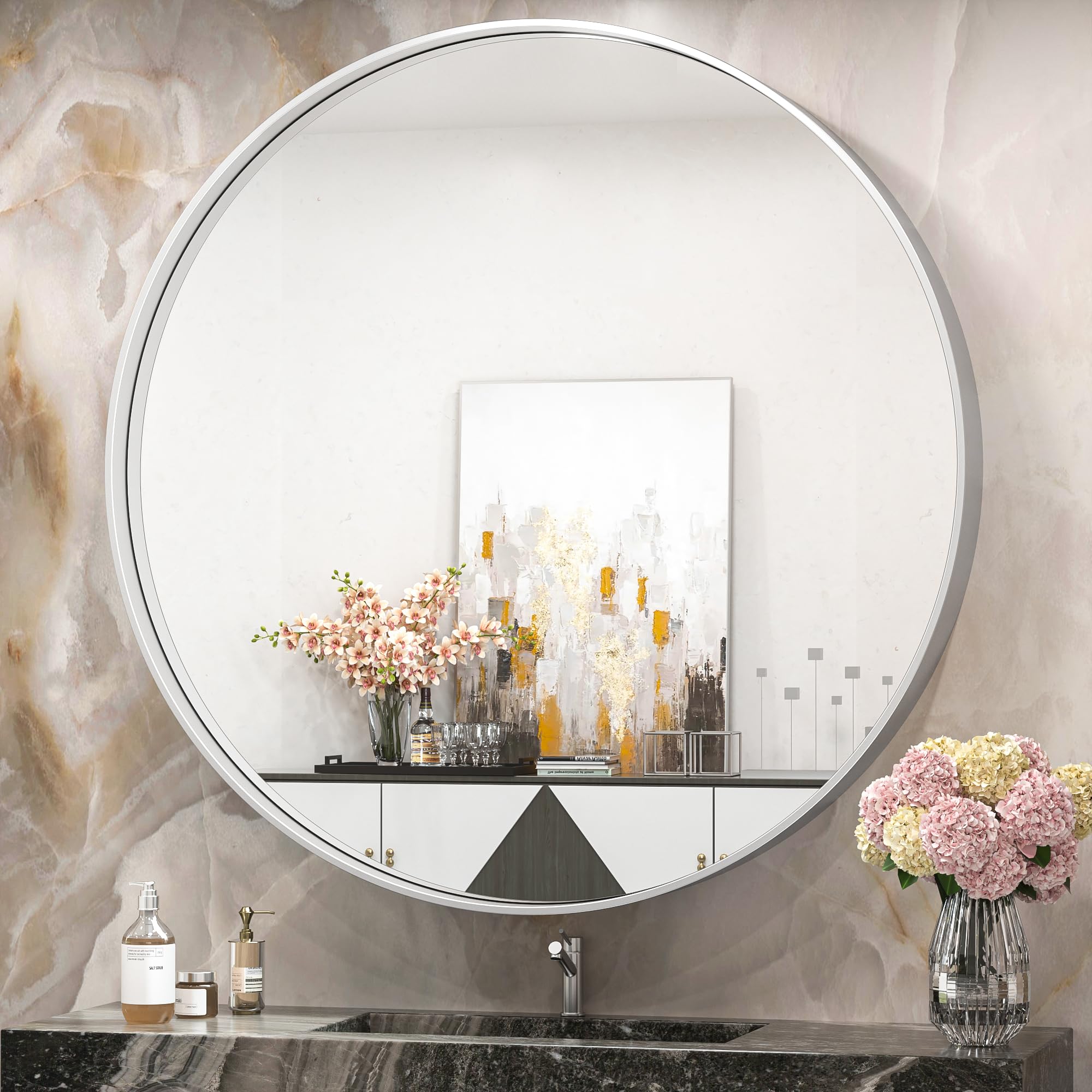 TokeShimi 40 Inch Round Silver Bathroom Vanity Mirror for Wall with Non-Rusting Aluminum Alloy Brushed Matte Metal Frame for Modern Minimalist Farmhouse Home Decor