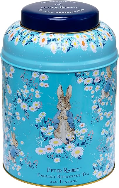 New English Teas Peter Rabbit Grande boîte à thé ronde – Design de Daisies, avec 240 English Petit-déjeuner sachets de thé, cadeau idéal pour Pâques