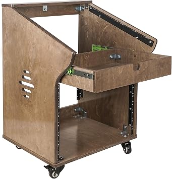Sound Town DIY Solid Baltic Birch Plywood Studio Rack with 11U Slant Mixer Top, 8U Front, 2U Drawer, Rubber Feet, Casters, Weathered Brown SDRK-M11X8B