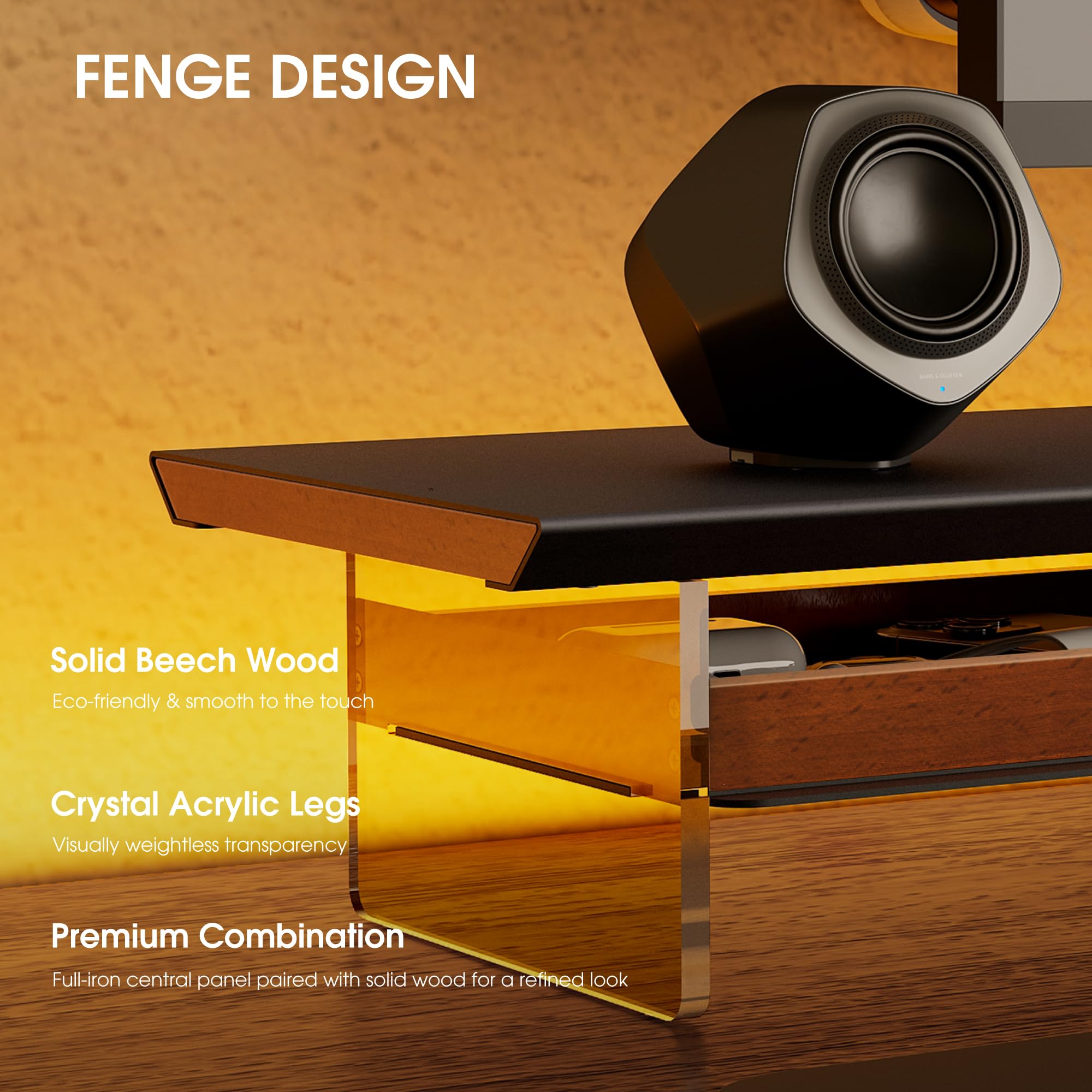 Fenge Supporto Monitor Scrivania Acrilico, 108 x 23 x 12,9 cm, Rialzo 2 Monitor 27 Pollici e 35kg, con Cassetti in Legno Massello, Organizer, Porta PC per Computer, Laptop, Stampante TV (Nero)