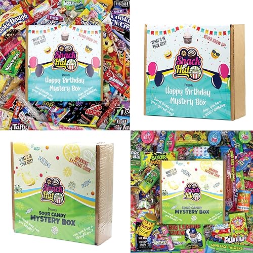 Snack Hut Paquete surtido de dulces agrios y caja de dulces surtidos de feliz cumpleaños, caja de regalo de caramelo agrio, caramelo súper agrio,