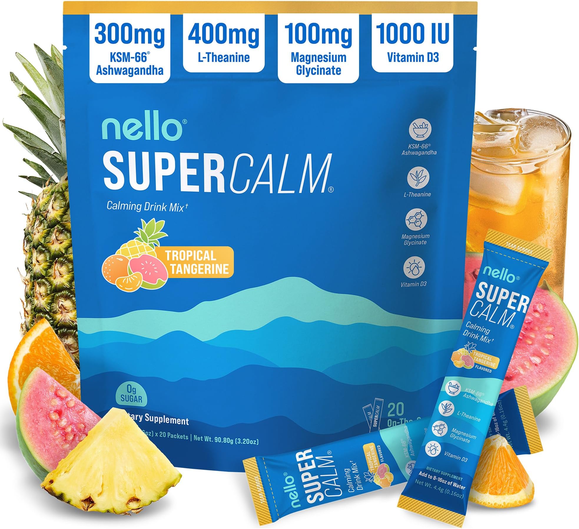 Nello Supercalm Powdered Drink Mix, Cortisol Reducer* and Sleep Aid Supplement, L Theanine, Ksm-66 Ashwagandha, Magnesium Glycinate, Vitamin D 3, No Sugar, Non GMO, 20 Ct, Tropical Tangerine