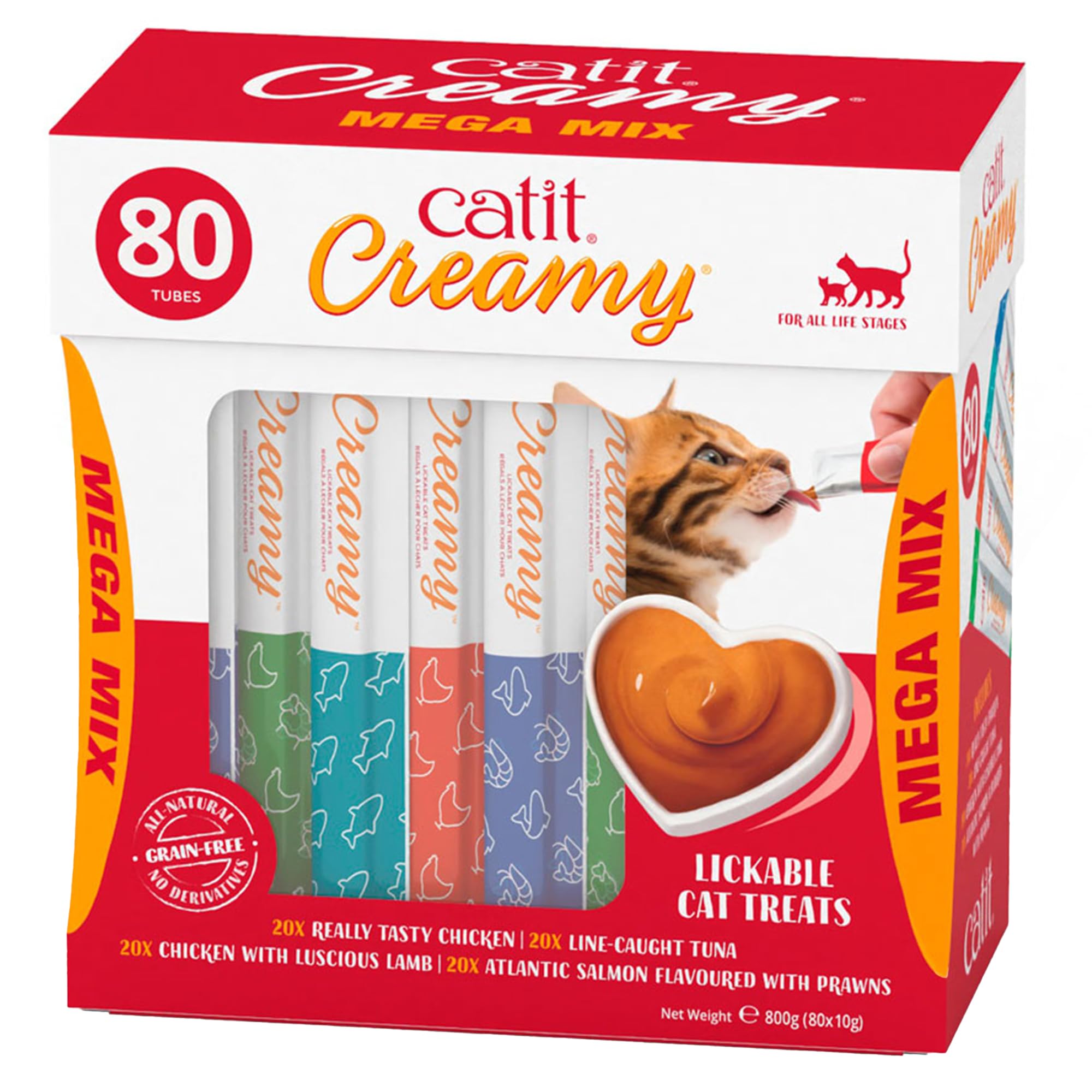 Catit Creamy Variety Pack Lickable Cat Treats for Cats and Kittens, Cat Treat Licky Snack, Grain-Free Lick Treat, 80 x 10g Multipack