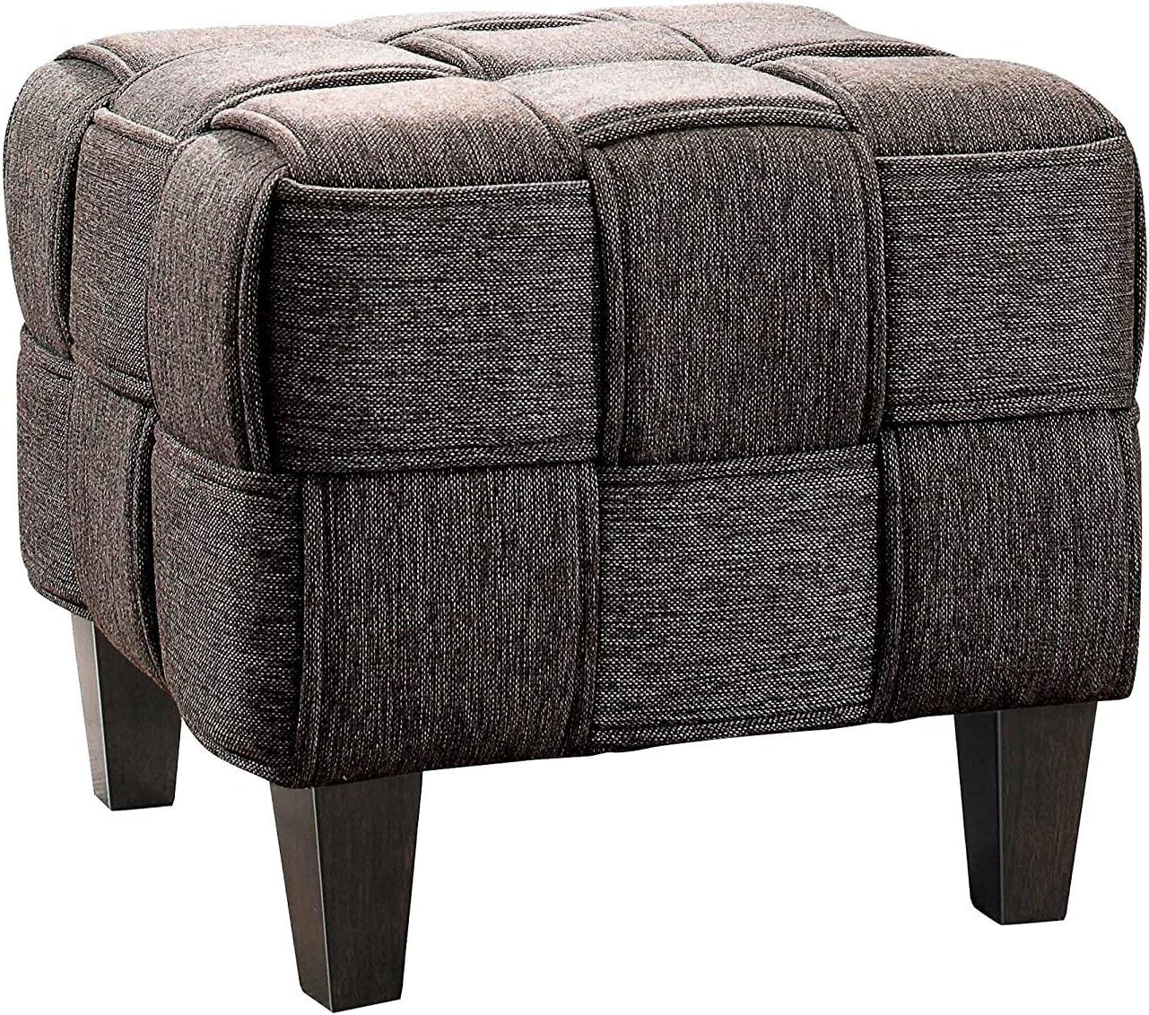 Benzara Tweed Fabric Ottoman with Interwoven Details, Dark Gray