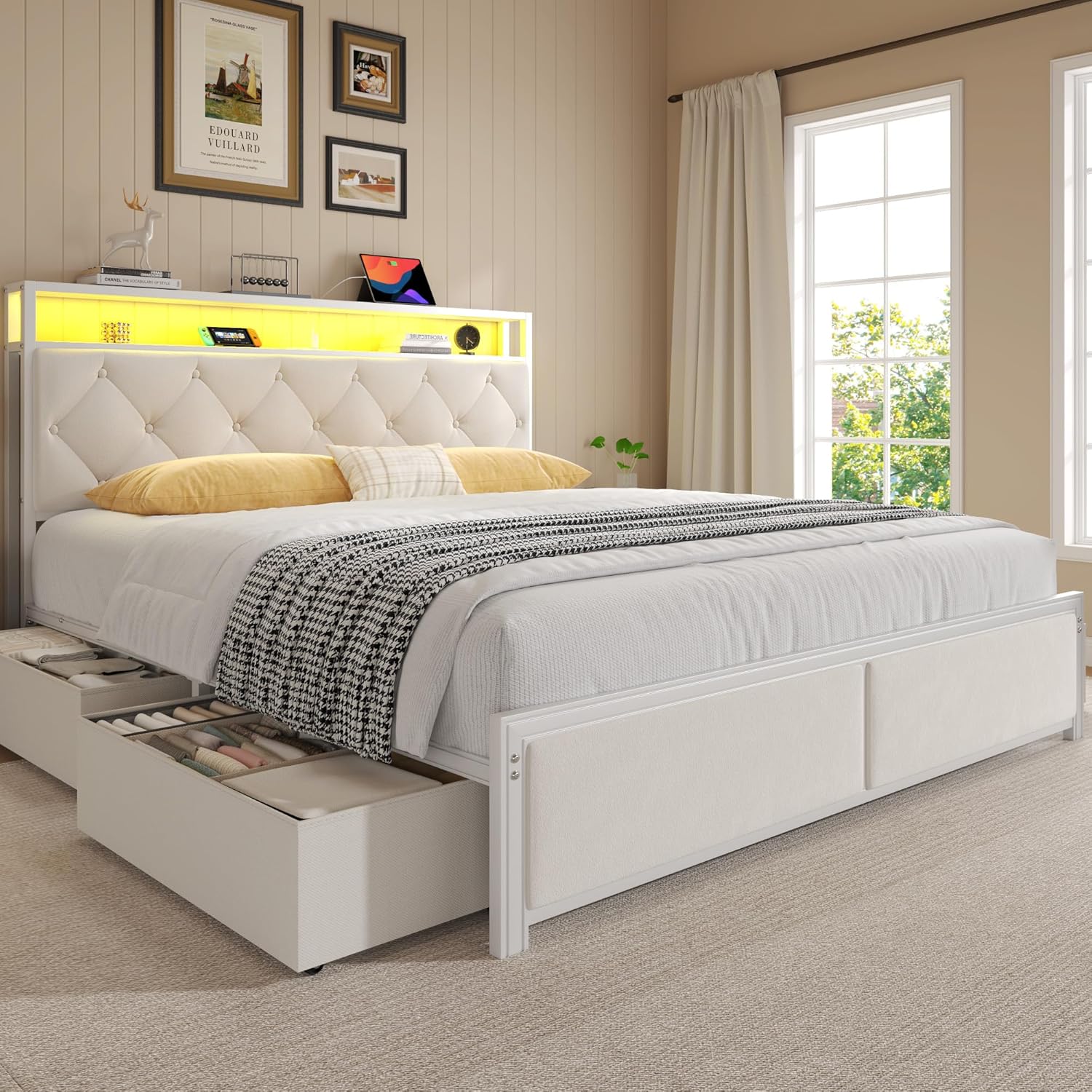 Queen Bed Frame with Headboard, Storage Drawers, Fast Charging Station, Led Lights, Bed Frame Queen Size with Fabric Drawers, Metal Structure, No Box Spring Needed, Easy Assembly, Beige