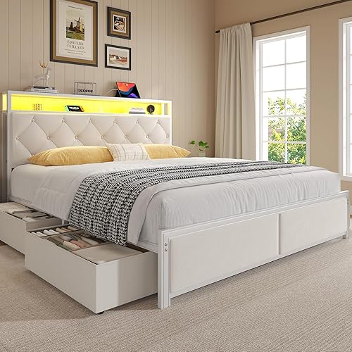 Queen Bed Frame with Headboard, Storage Drawers, Fast Charging Station, Led Lights, Bed Frame Queen Size with Fabric Drawers, Metal Structure, No Box Spring Needed, Easy Assembly, Beige