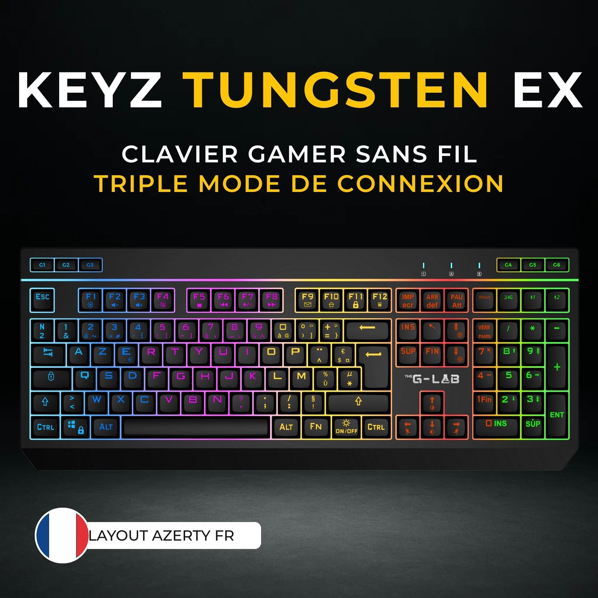The G-Lab - KEYZ Tungsten EX - Cicha klawiatura membranowa do gier - AZERTY FR - Tryb potrójny (2,4 GHz, BT, przewodowy) - RGB i makra - Dedykowane oprogramowanie - Klawiatura gamingowa PC/PS4/PS5