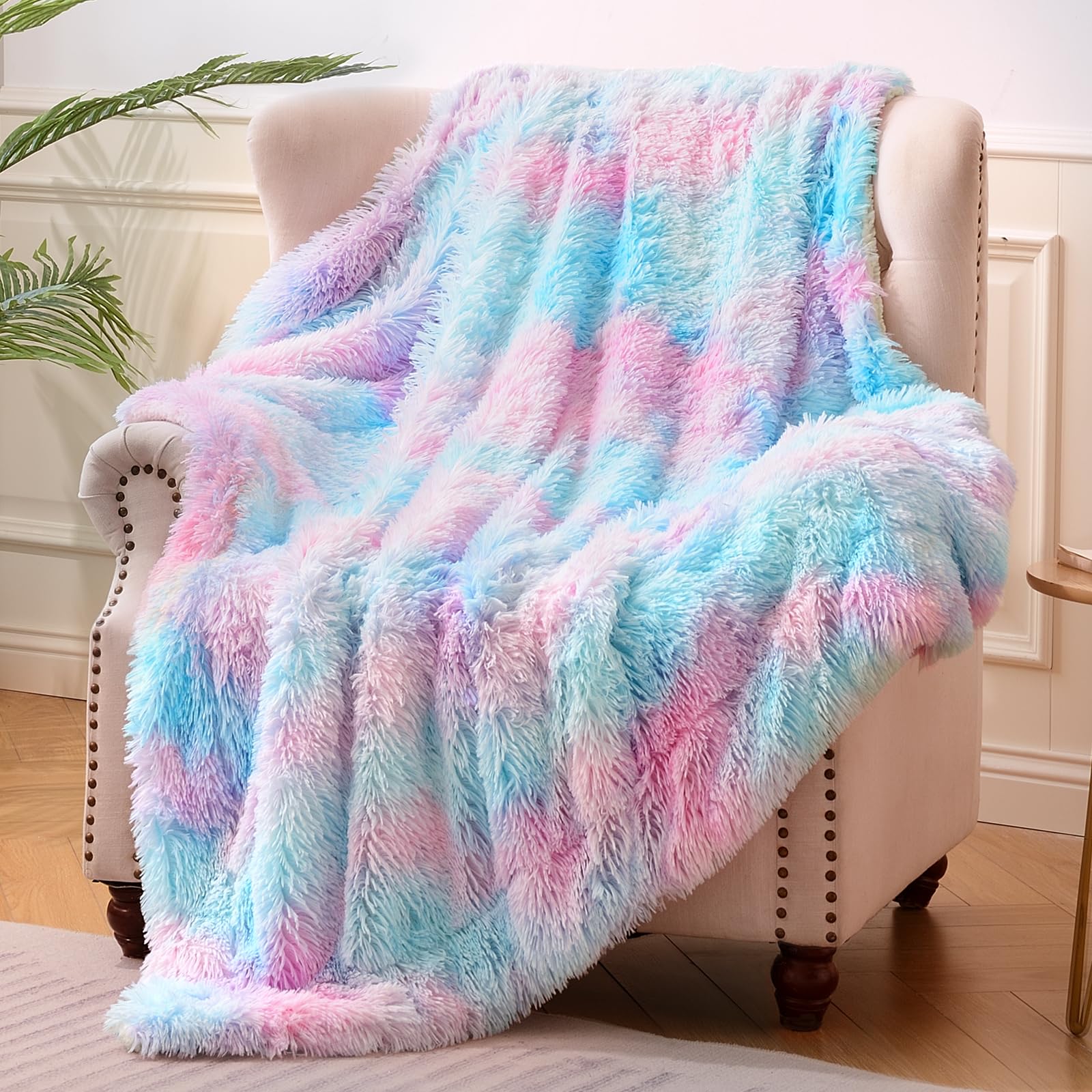 Exclusivo Mezcla Fuzzy Faux Fur Throw Blanket, Reversible Shaggy Sherpa Fleece Blankets,Fluffy Plush Warm Throws for Couch, Bed, 50x60 Inches, Aqua Rainbow