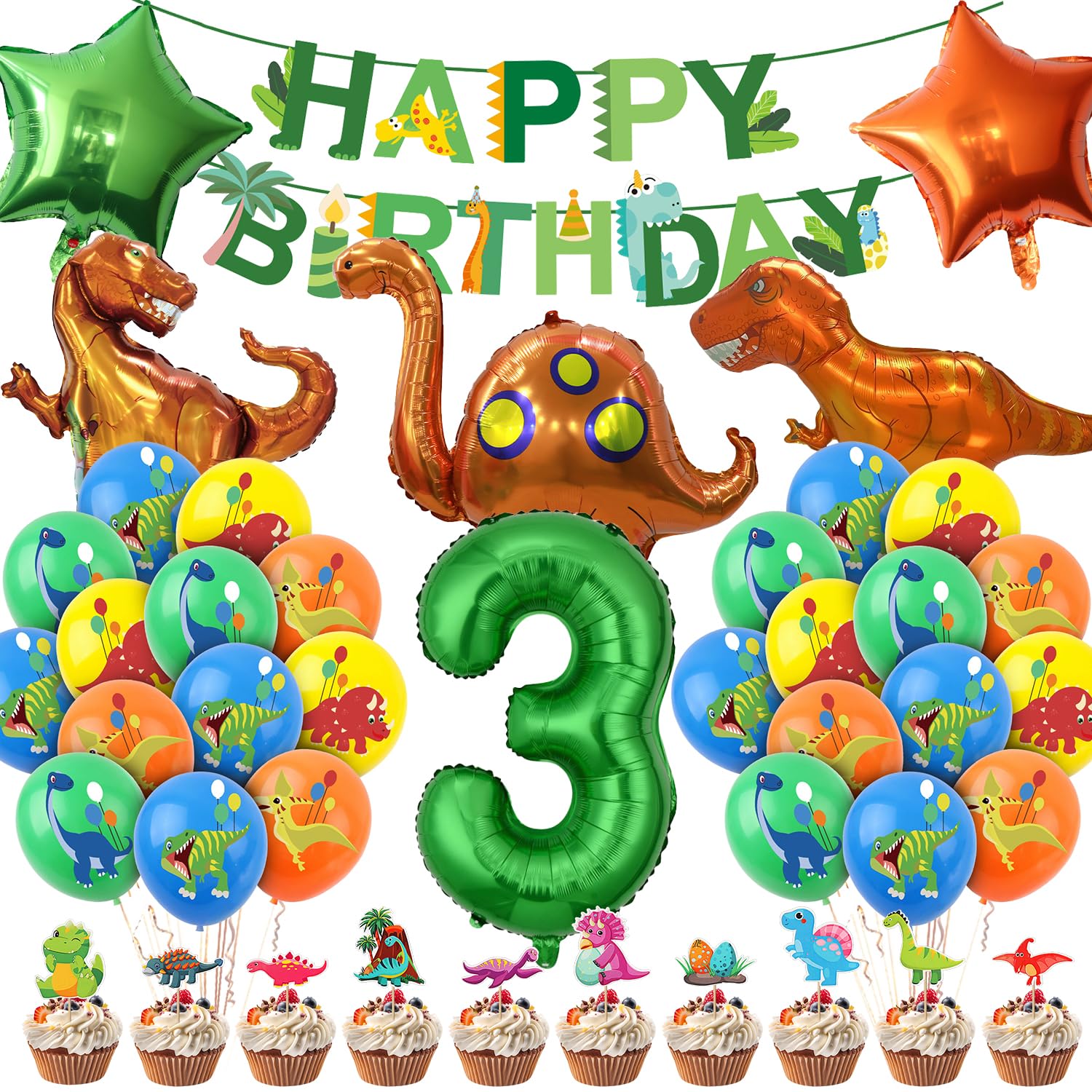 Ezydka Dino Geburtstag Deko Set Dinosaurier Geburtstagsdeko Party Deko | Dino Deko Kindergeburtstag mit Luftballon Banner Folienballon Cupcake Topper für Dinoparty, Birthday Decoration (3)