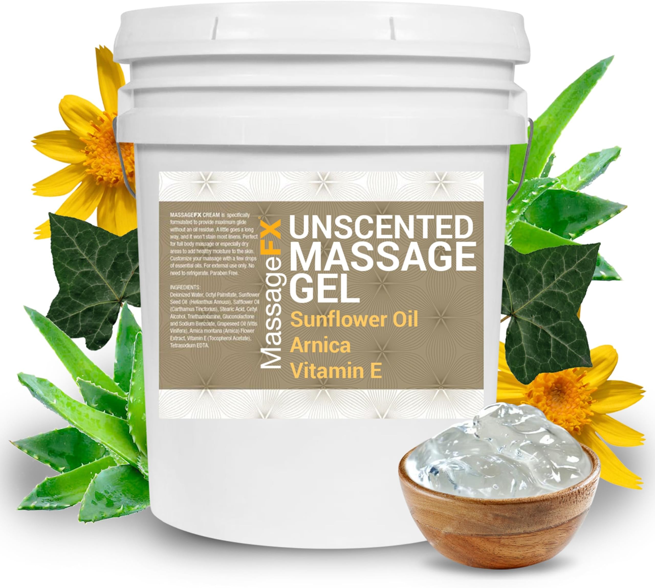 Massage Gel by Massage FX - 100% Pure Jojoba & Sunflower Seed Oil - Herbal Extracts Ivy, Arnica & Aloe - Unscented - Max Workability & Glide - Perfect for Full Body Massages - Paraben Free - 5 Gallons