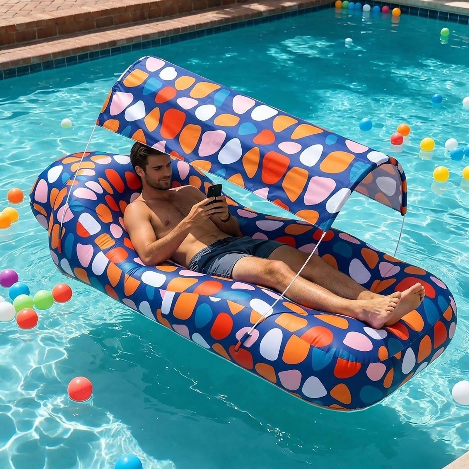 Aufblasbare Luftliege Reise-Luftsofa mit Sonnenschutzdach | Luftcouch ohne Pumpe aufblasbar für Reise Urlaub Camping am Meer Wandern Picknick im Garten