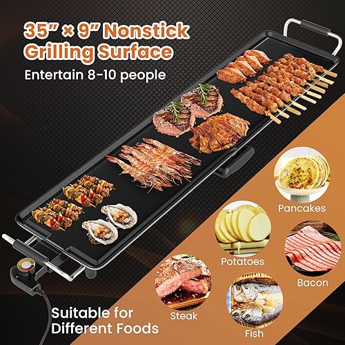 Miniatura 4 de COSTWAY Parrilla eléctrica de 35.5 pulgadas, parrilla Teppanyaki extragrande con 2 superficies antiadherentes, temperatura ajustable, asas aisladas
