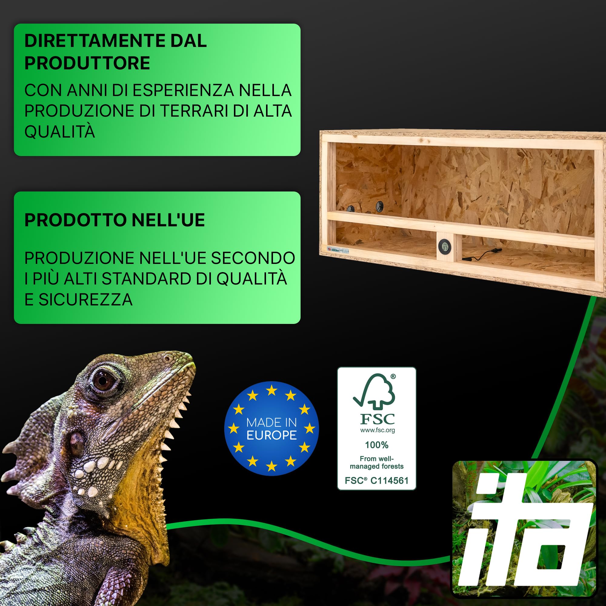 ITA Terrario in legno 100x40x40 cm con ventilazione laterale e igrometro integrato - Terrario in legno OSB-3 - Per rettili, serpenti, anfibi - Prodotto UE, certificato FSC