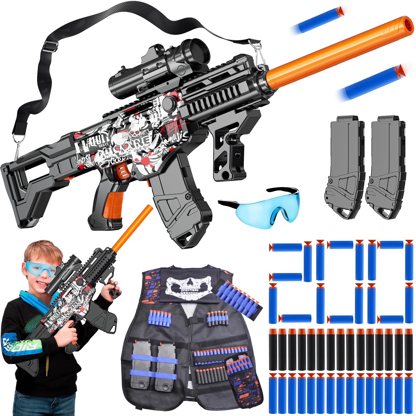 Toy Gun Automatic Sniper Rifle with Lanyard, Electric Realistic Toy Foam Blasters- 200 Darts, Tactical Vest Set, Scope and 2 Clips, Cool Toys for Kids Ages 8-12, Birthday Xmas Gifts for BoysClimatePartner certified