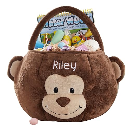 Personalization Universe Cesta de Pascua de felpa bordada de mono personalizada, cesta de conejo de Pascua para rellenos, duradera con asas