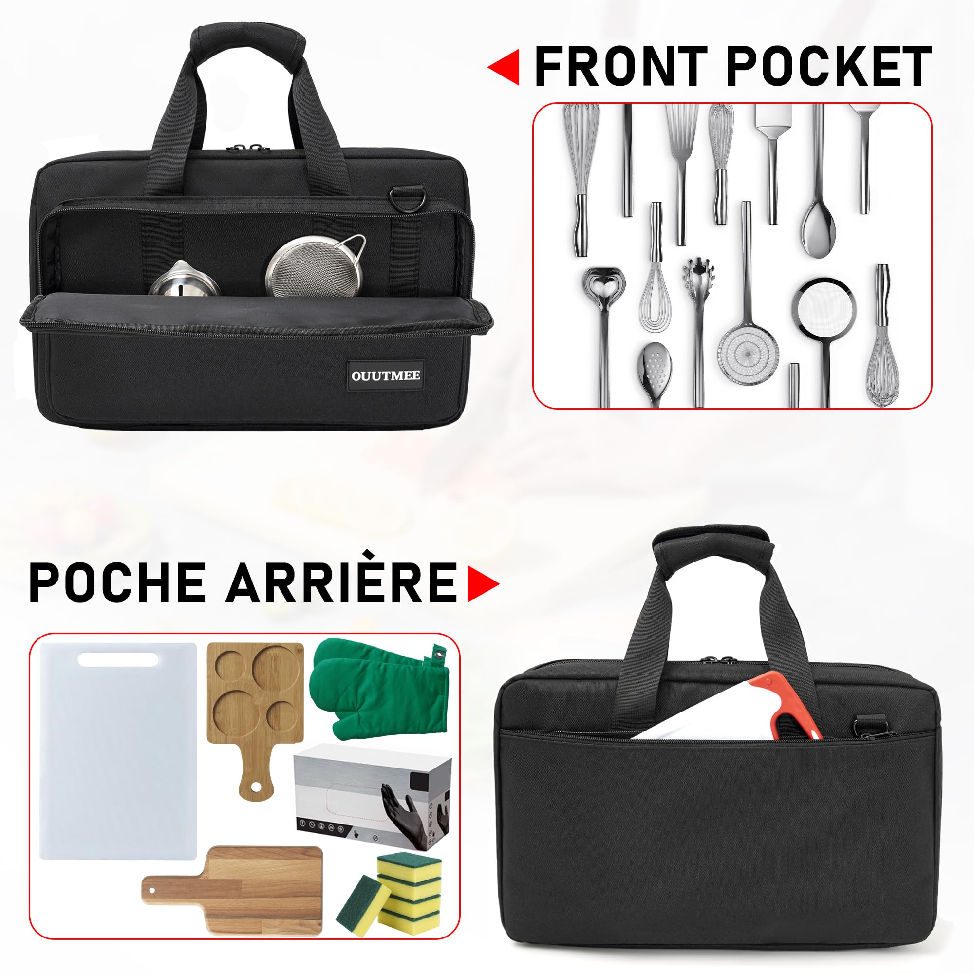 OUUTMEE Sac à Couteaux de Chef Professionnel avec 17 Emplacements, Étui de Transport de Couteaux Robuste, Sac de Rangement pour Couteaux de Chef pour Couteaux et Ustensiles de Cuisine, Noir (Petit)