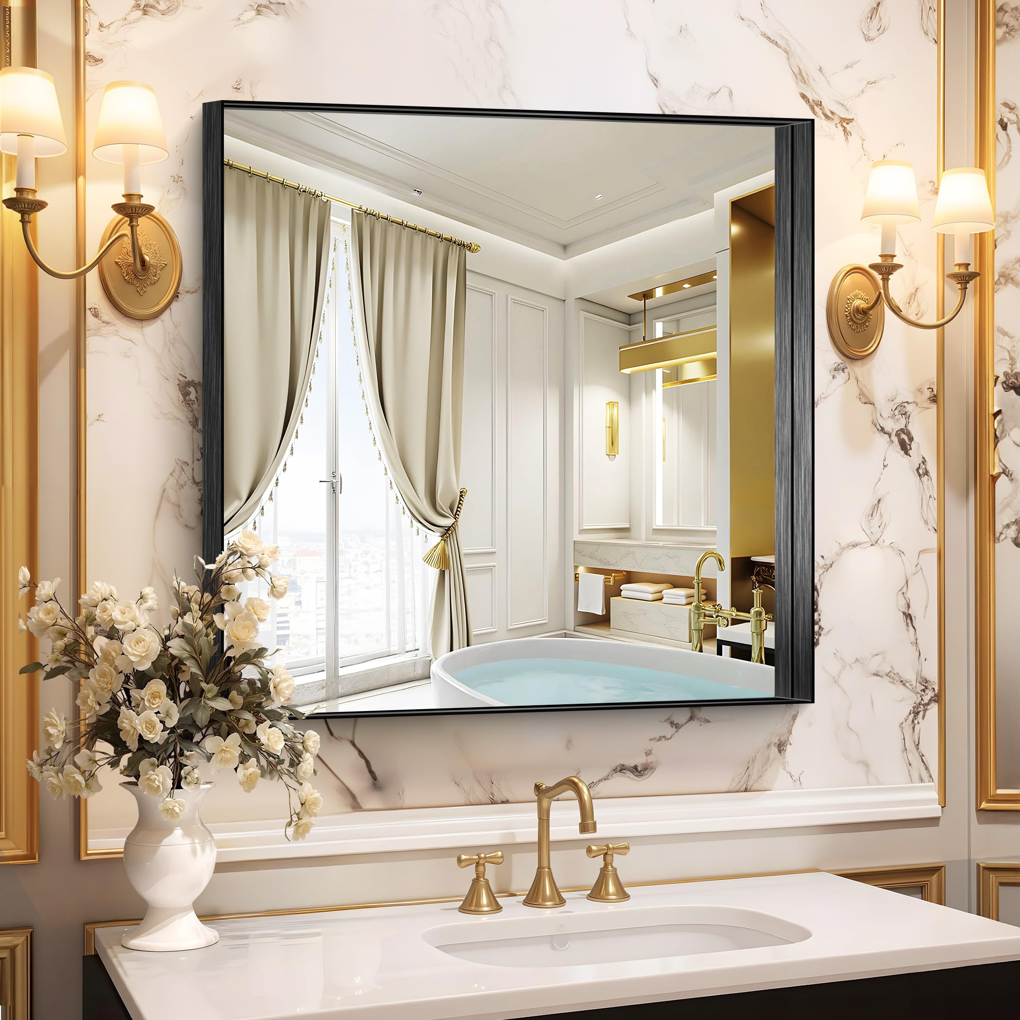 circumi black bathroom mirror, 30"x30" rectangular mirror with deep metal frame, brushed finish, tempered glass, square mirror for wall, oversink, bedroom, living room, vanity, entryway, crystal-clear