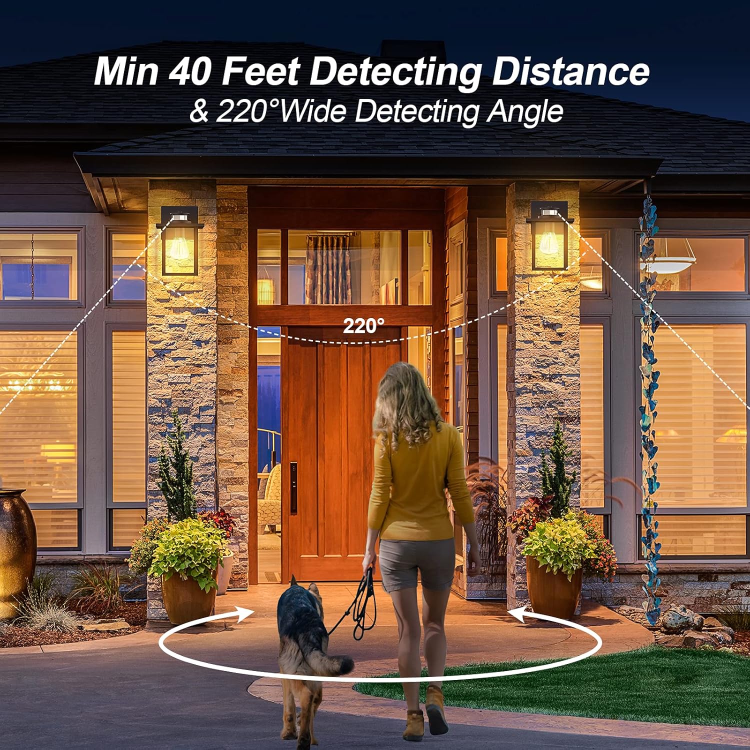 Woman and dog walking towards a house with motion sensor lights