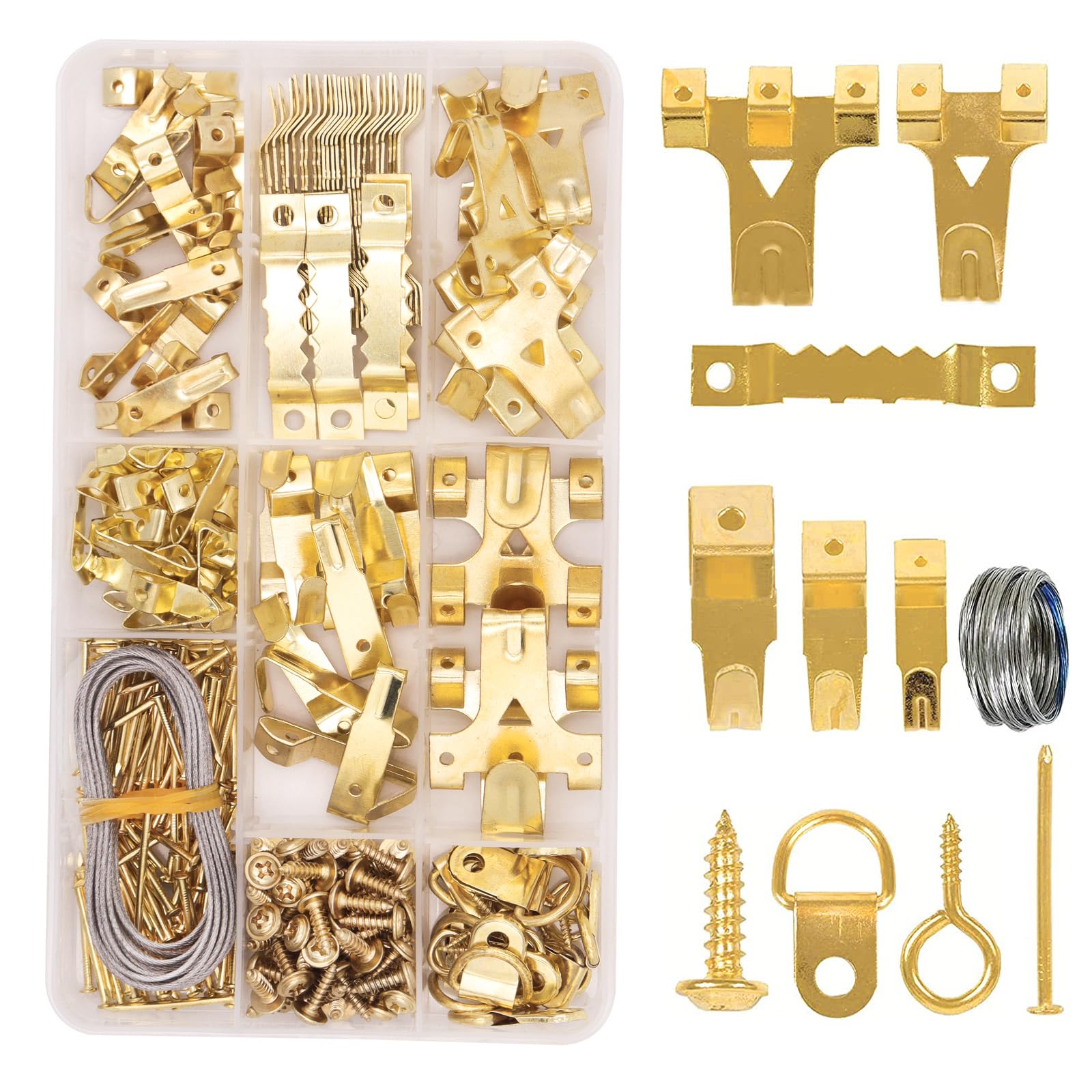 Heavy Duty Picture Hanging Kit, 282 Pieces, Gold Metal Picture Hangers with Hooks, Nails, Wire, D Ring, Screw Eyes, for Picture Frames, Clocks, Decor