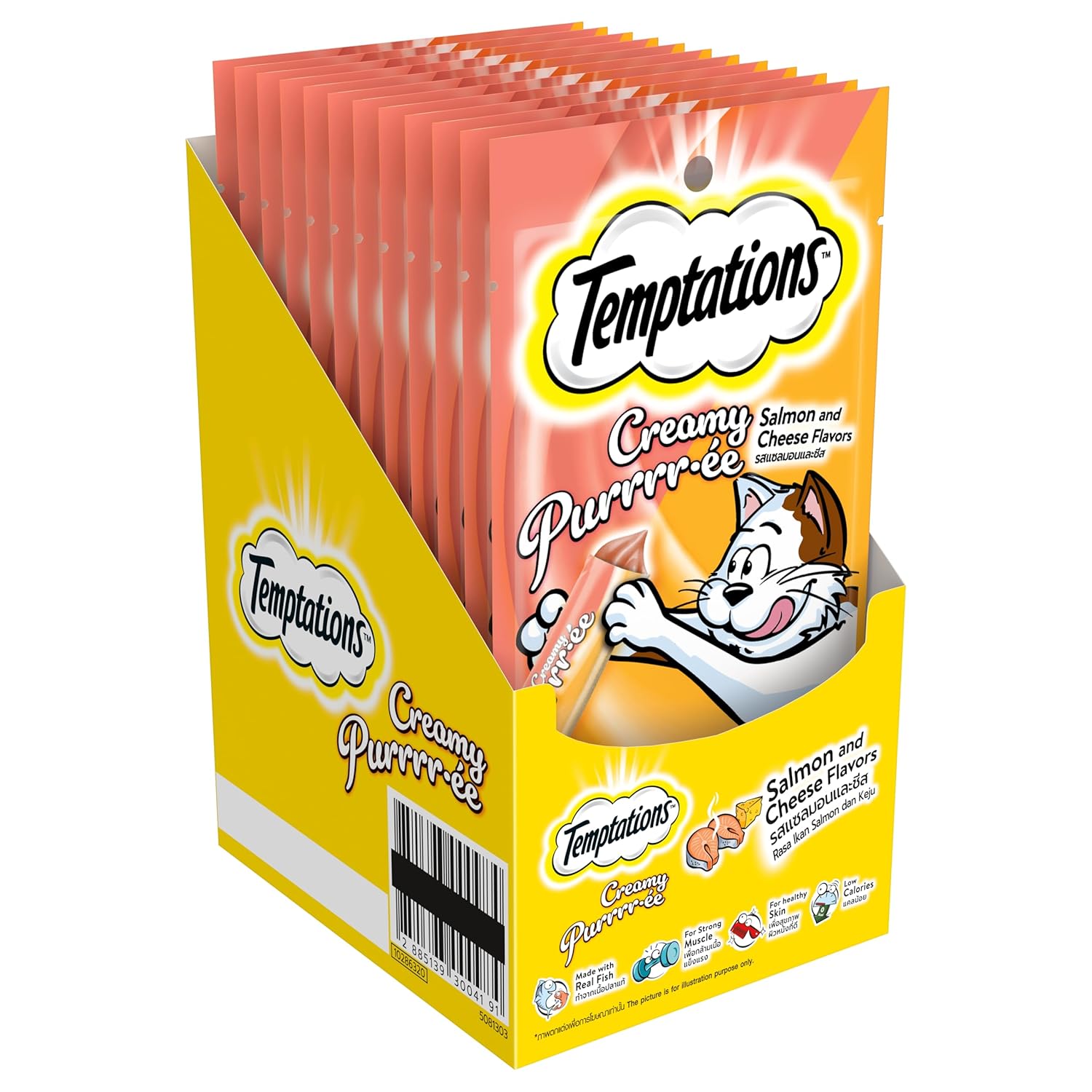 Temptations Creamy Purrrrr-ée Lickable Cat Treats, Salmon & Cheese Flavour, 48 g, (Pack of 12), Made with Real Fish, Goodness of Protein, Vitamins & Minerals, Adult