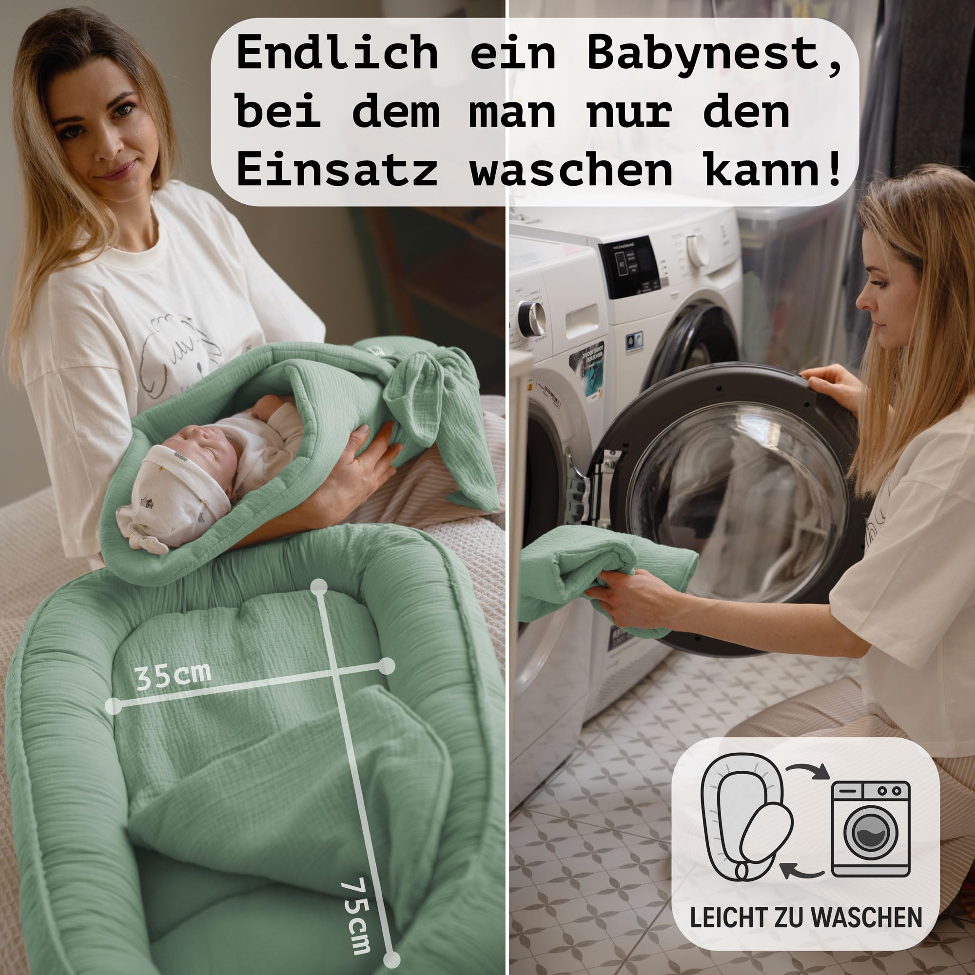 PALULLI® Gniazdko dziecięce 100 x 60 cm – miękkie muślinowe gniazdo z materacem, gniazdo do spania, kokon, łóżeczko turystyczne dla noworodków, 100% bawełna (szałwia zielona)