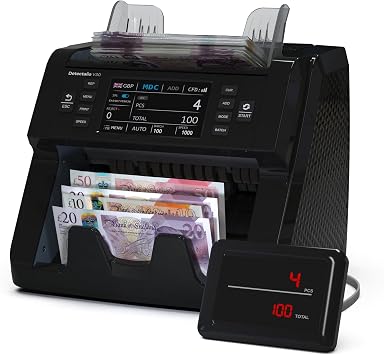 Detectalia V30 Banknote Counter and Counterfeit Detector with Dual CIS, 4.5  Touchscreen + External Display, Serial Number Reading, Multi-Currency Mixed Counting, 1200 Notes/Minute, USB