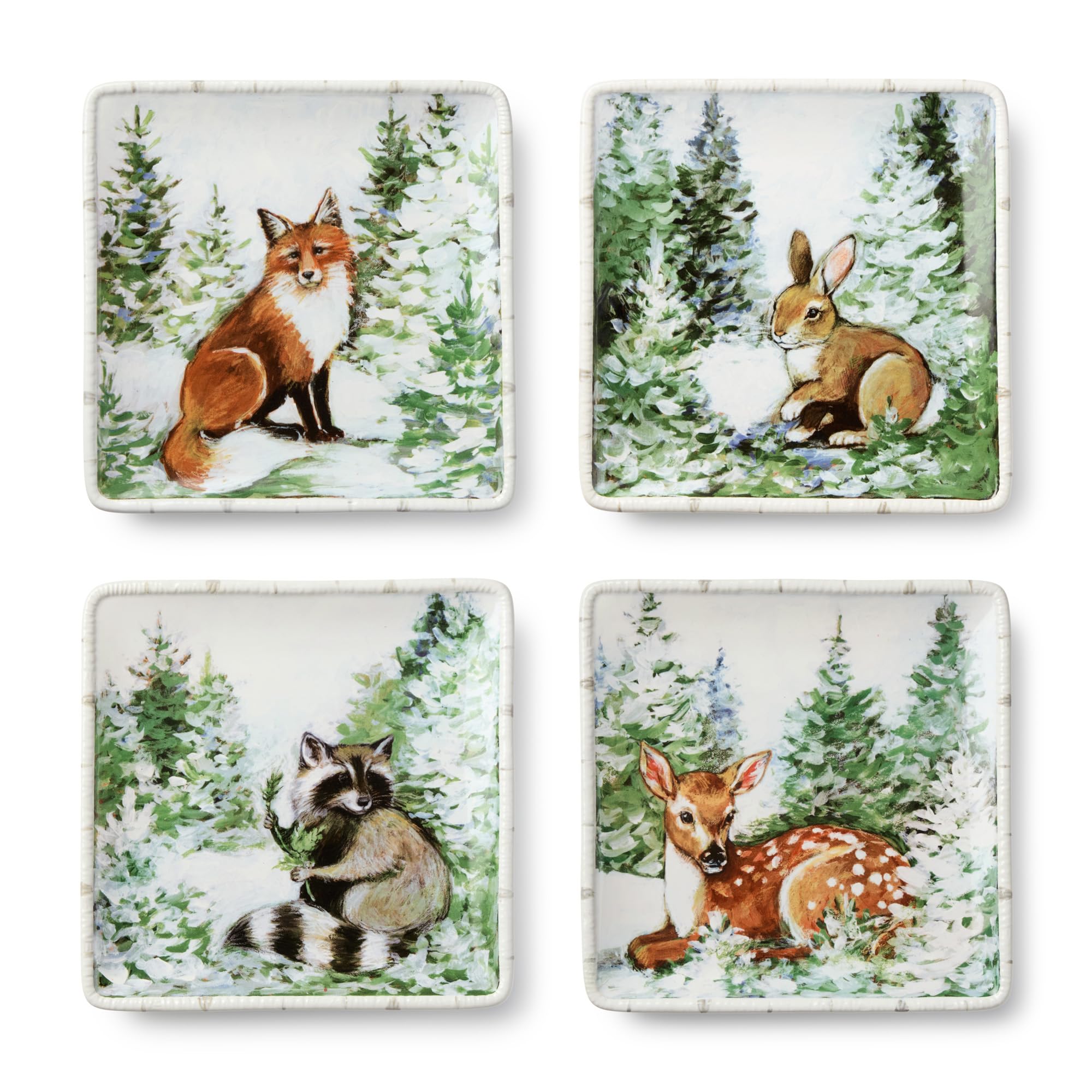 Set di stoviglie da 16 pezzi Winter Cabin, SERVIZIO per 4 - Quattro posti completi vivi di pini spolverati di neve, un"accogliente capanna di tronchi, e le affascinanti creature boschive di un inverno