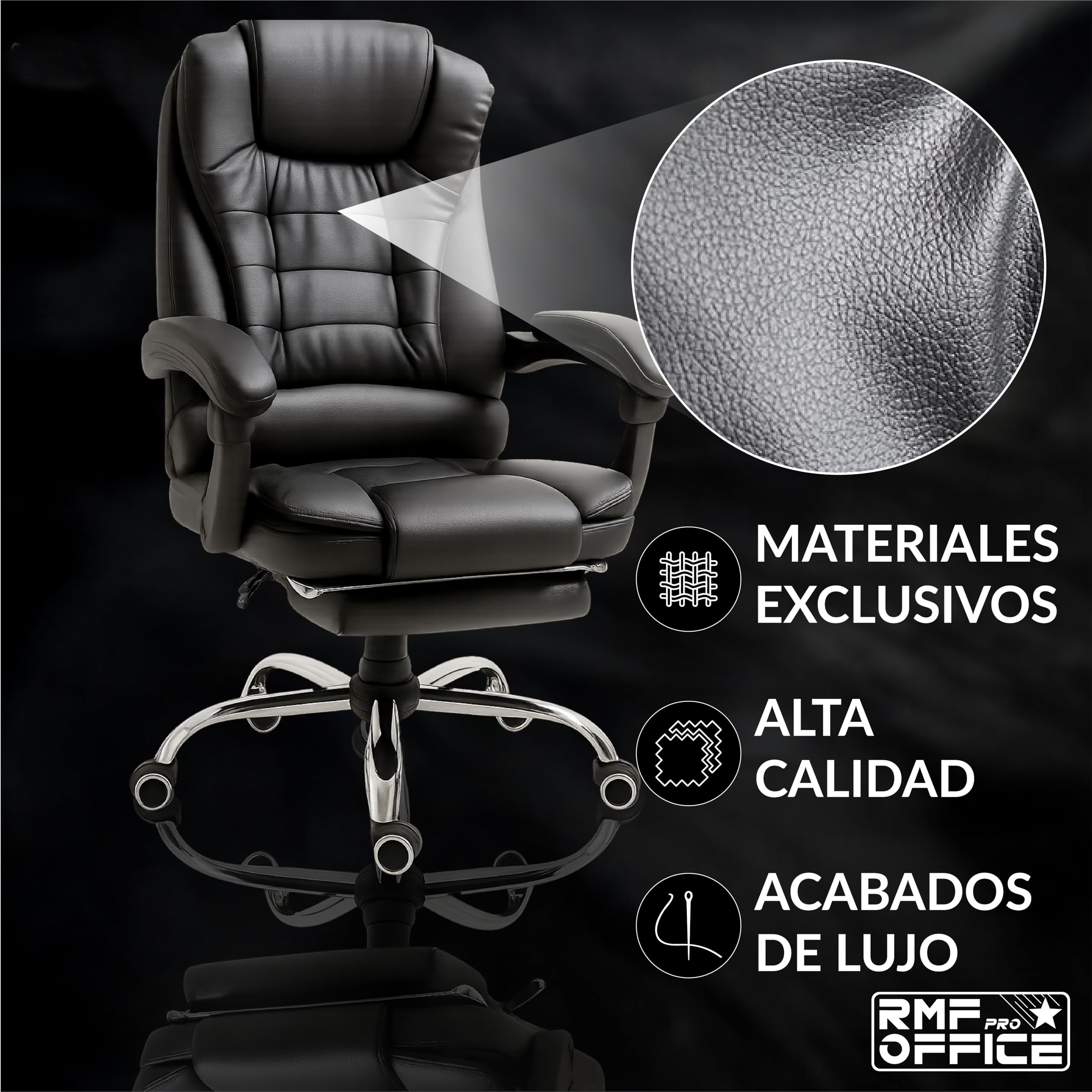 RMF Silla de Oficina Ergonómica Profesional Reclinable, Silla de Escritorio Cómoda y Relajante con Reposapiés - Sillón Relax con Ruedas Giratorias y Altura Ajustable Negro