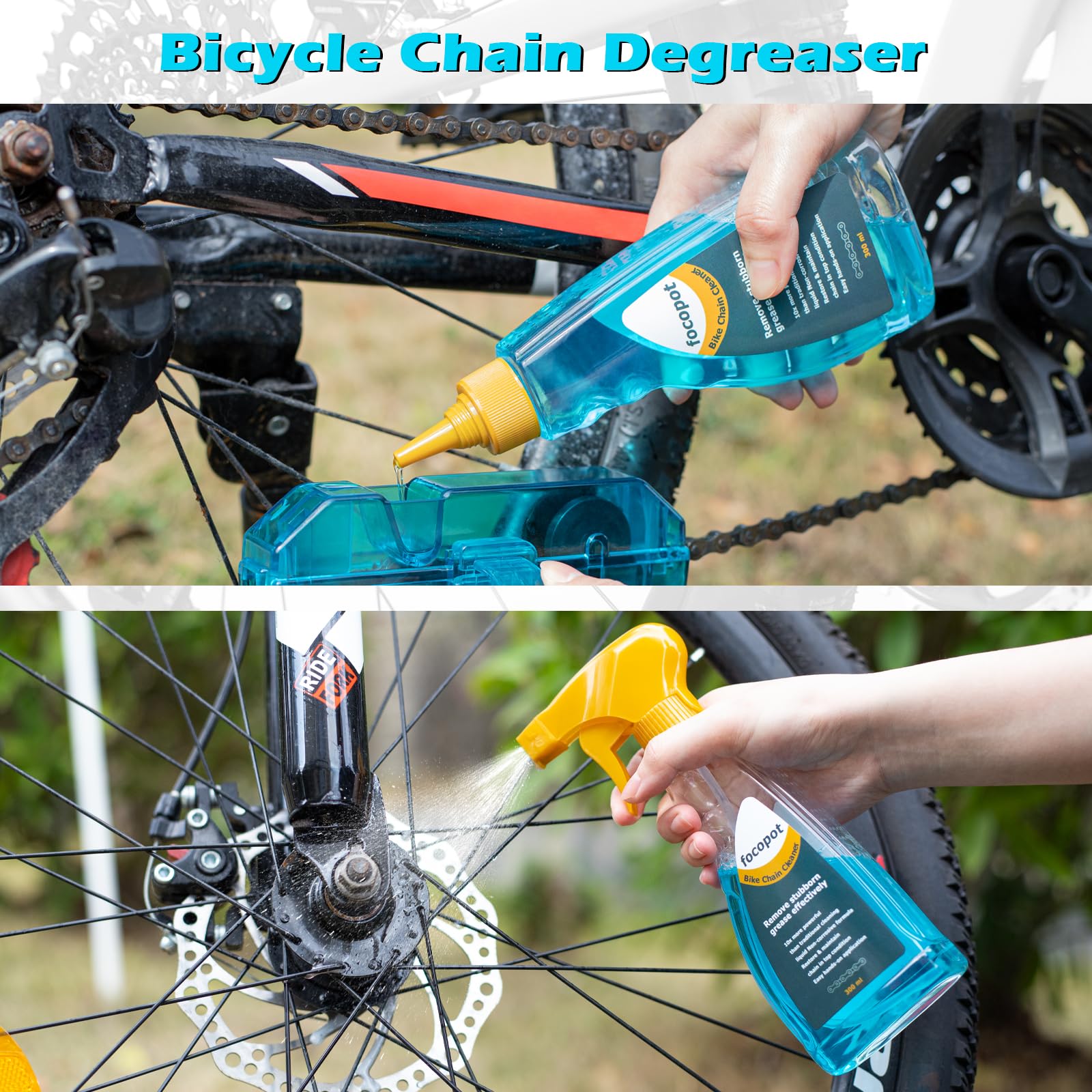 focopot Kit de limpieza de bicicleta con limpiador de cadena de bicicleta, limpiador de bicicletas, depurador, lubricante de aceite, herramienta de cepillo de limpieza, kit de limpieza perfecto para