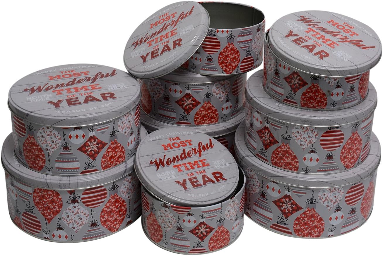 Christmas Tins, round nested, 3 sets of 3 tins, set of 9, Assorted Tins Home & Kitchen