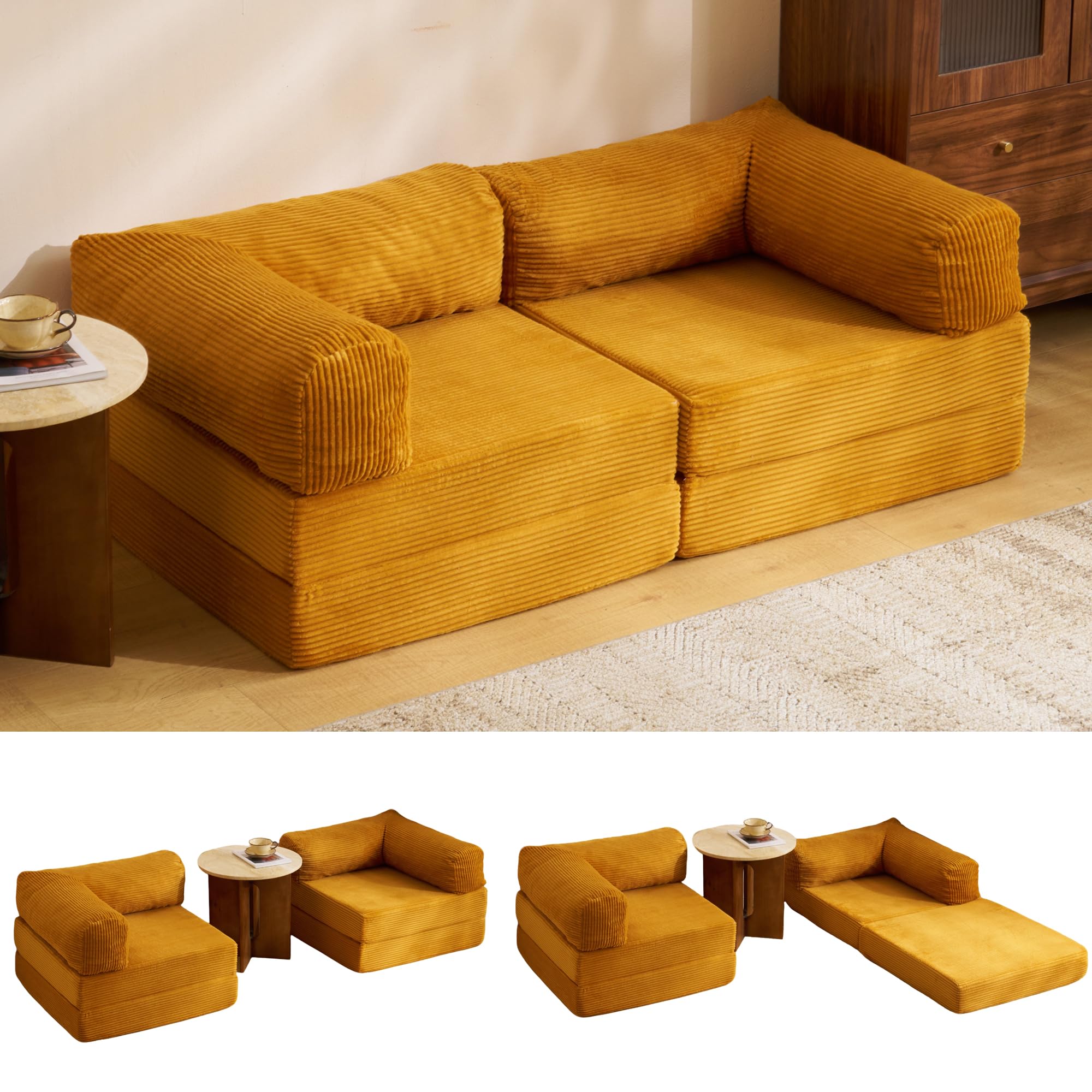 【幅180cm 分けるタイプ イエロー】ソファベッド 組立不要 二人掛けソファ Amazon｜OSLEEP ソファー 完成品 分離可能 ソファベッド カウチ 2人