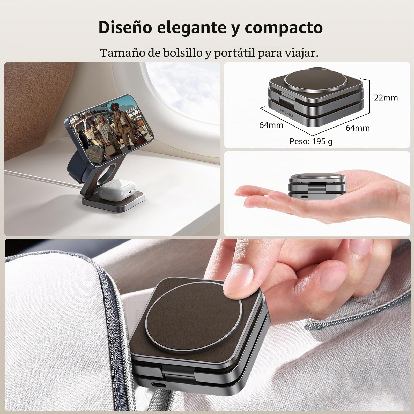KU XIU X40 Cargador Inalámbrico 3 en 1 Plegable de Aluminio – Estación de Carga Magnética para iPhone 17–12 /Air, 5W para iWatch Ultra/SE/Series 11–4 y Auriculares Inalámbricos 4/3/2/Pro – Cuero PU