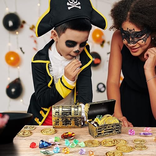 Miniatura 6 de Threan 50 mini cofres del tesoro pirata de 2.3 pulgadas de plástico con un acabado dorado, caja de joyería pirata vintage para Halloween,