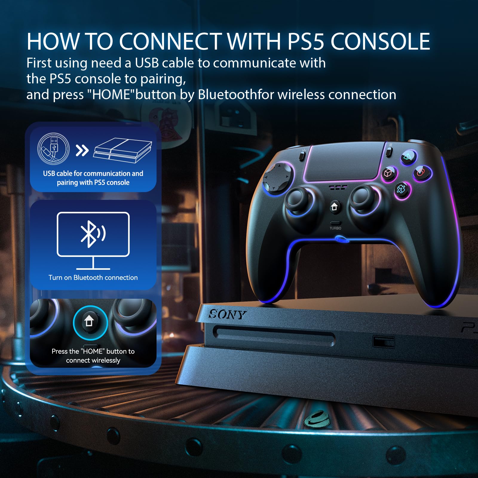 JORREP Controller wireless per PS5/Pro/Steam Deck/PC/MAC/iOS,gamepad con illuminazione RGB/doppia vibrazione/turbo/sensore di movimento/programmabile/collegamento auricolare/1500mAh di batteria (A)
