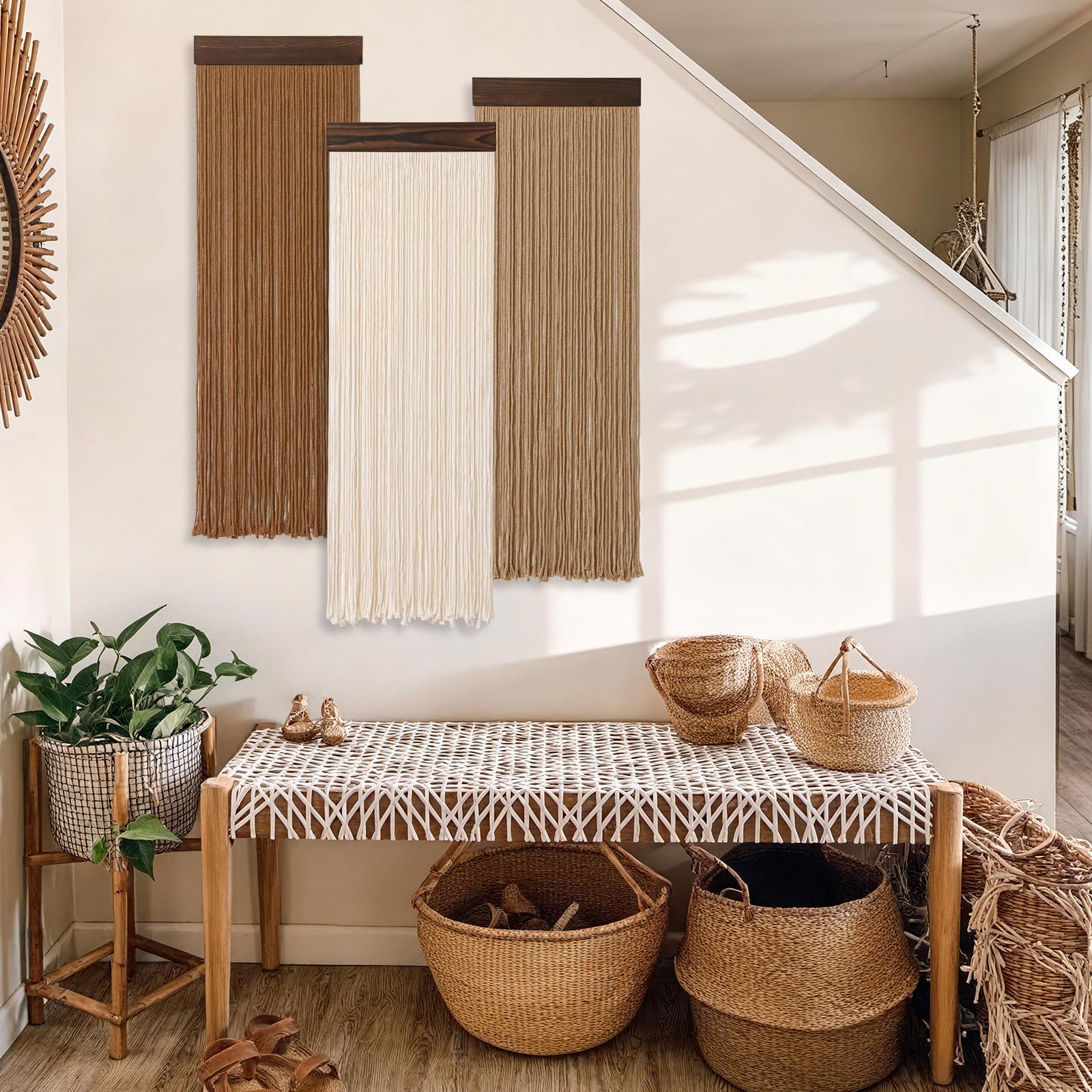 Weldomcor 3 piezas de hilo de macramé boho chic decoración del hogar, 30 x 92 cm, borlas, tapiz moderno hecho a mano, gran decoración de pared para salón, dormitorio, habitación de los niños