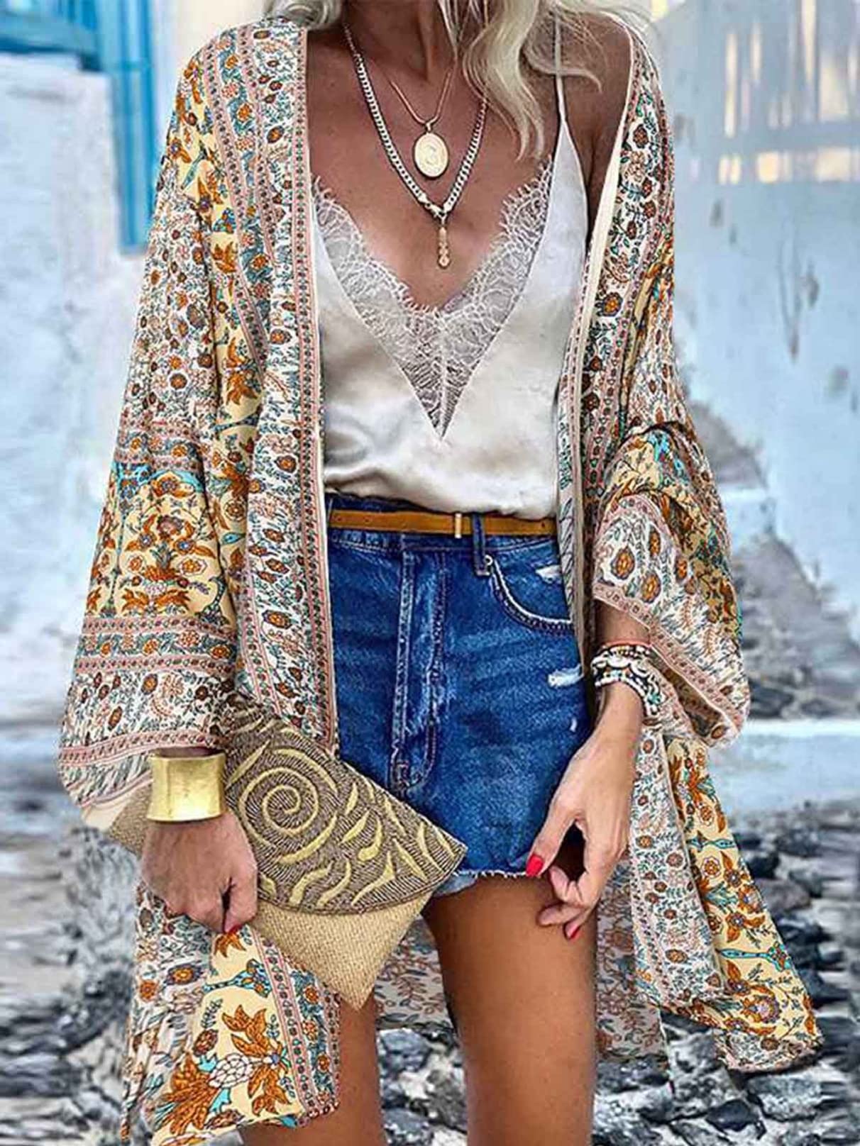 Yutdeng Kimono Cardigan Donna Vintage Bohémien Manica Lunga Sciolto Estivo Casual Cover Up Bikini Stampa Floreale Leggero Copricostume Abito da Spiaggia Beachwear