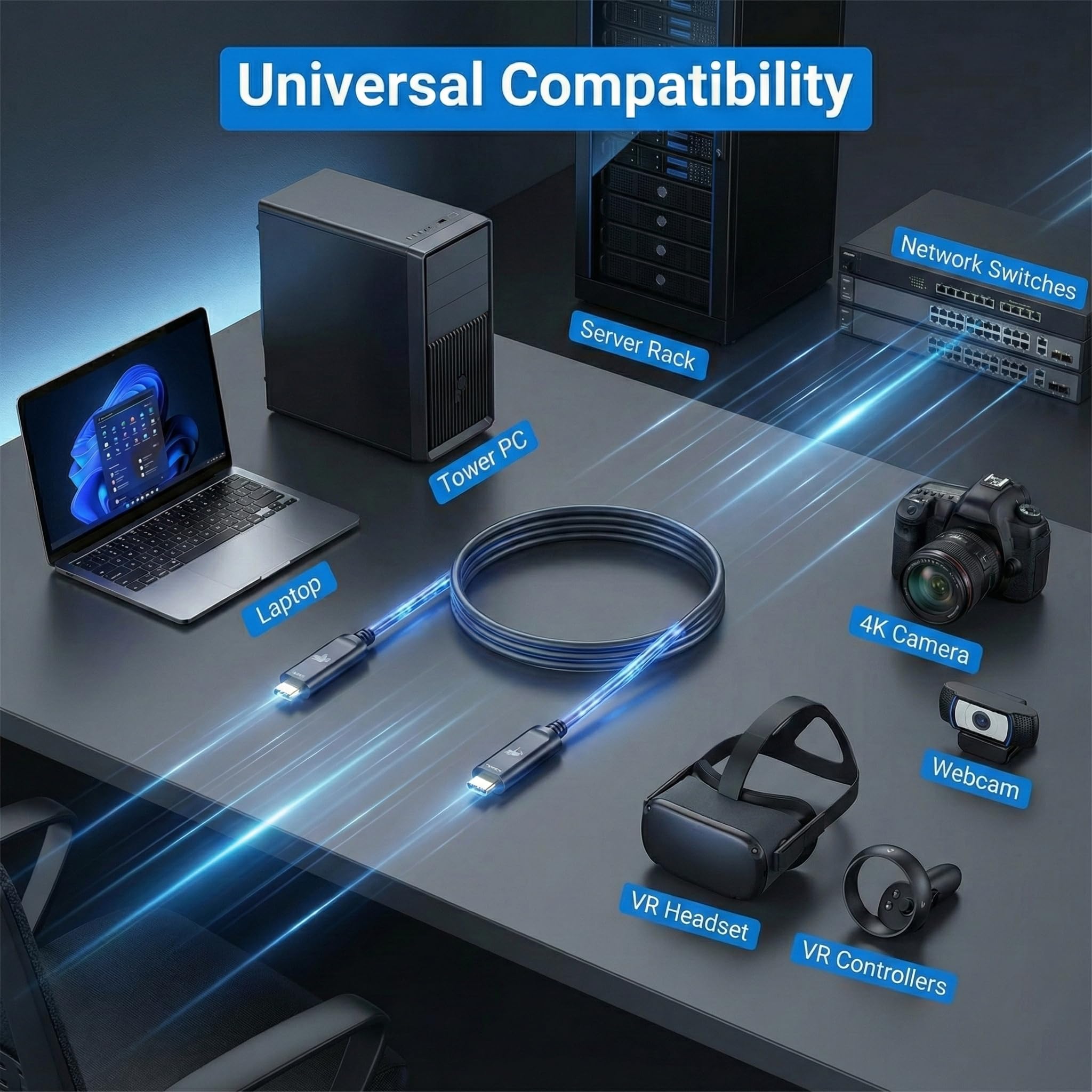 Cavo in fibra ottica da USB C a USB C (10 m), sottile e lunga estensione ad alta velocità, 10 Gbps, USB 3.2, ottico attivo, compatibile con webcam, fotocamere, AR/VR per videoconferenze, data