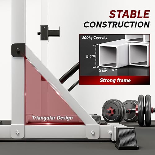 Miniatura 6 de Soozier Par de soportes ajustables para sentadillas estándar de 53.5 a 69.25 pulgadas, 440 libras de capacidad, soporte de prensa de banco de acero