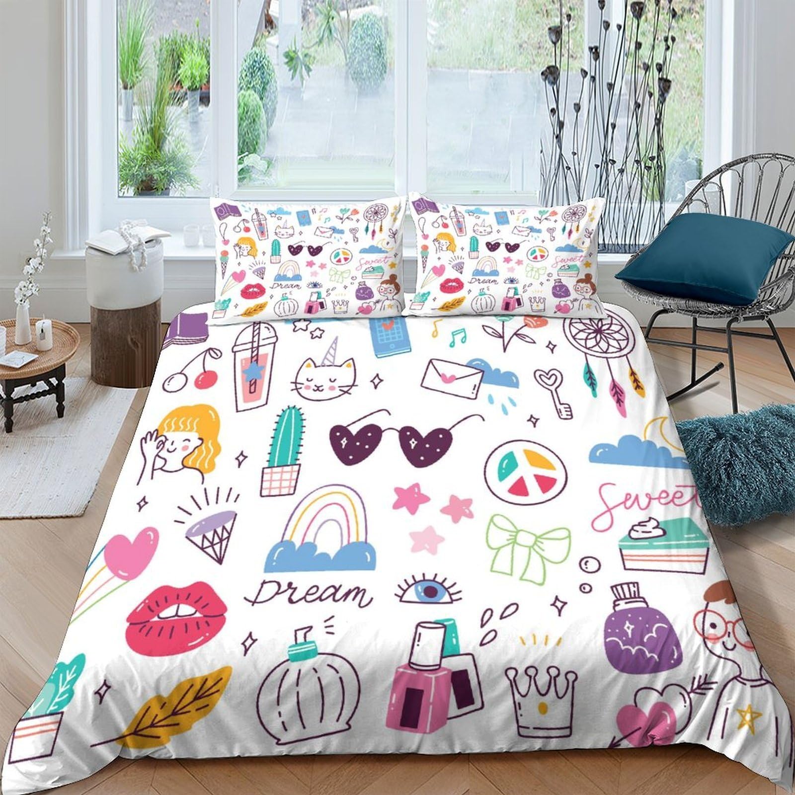 Fantasia 3D Stampata Ragazza Set Copripiumino Microfibra Morbido Decorazione Camera da Letto Set Biancheria per Tutte le Età Casa King（220x240cm）