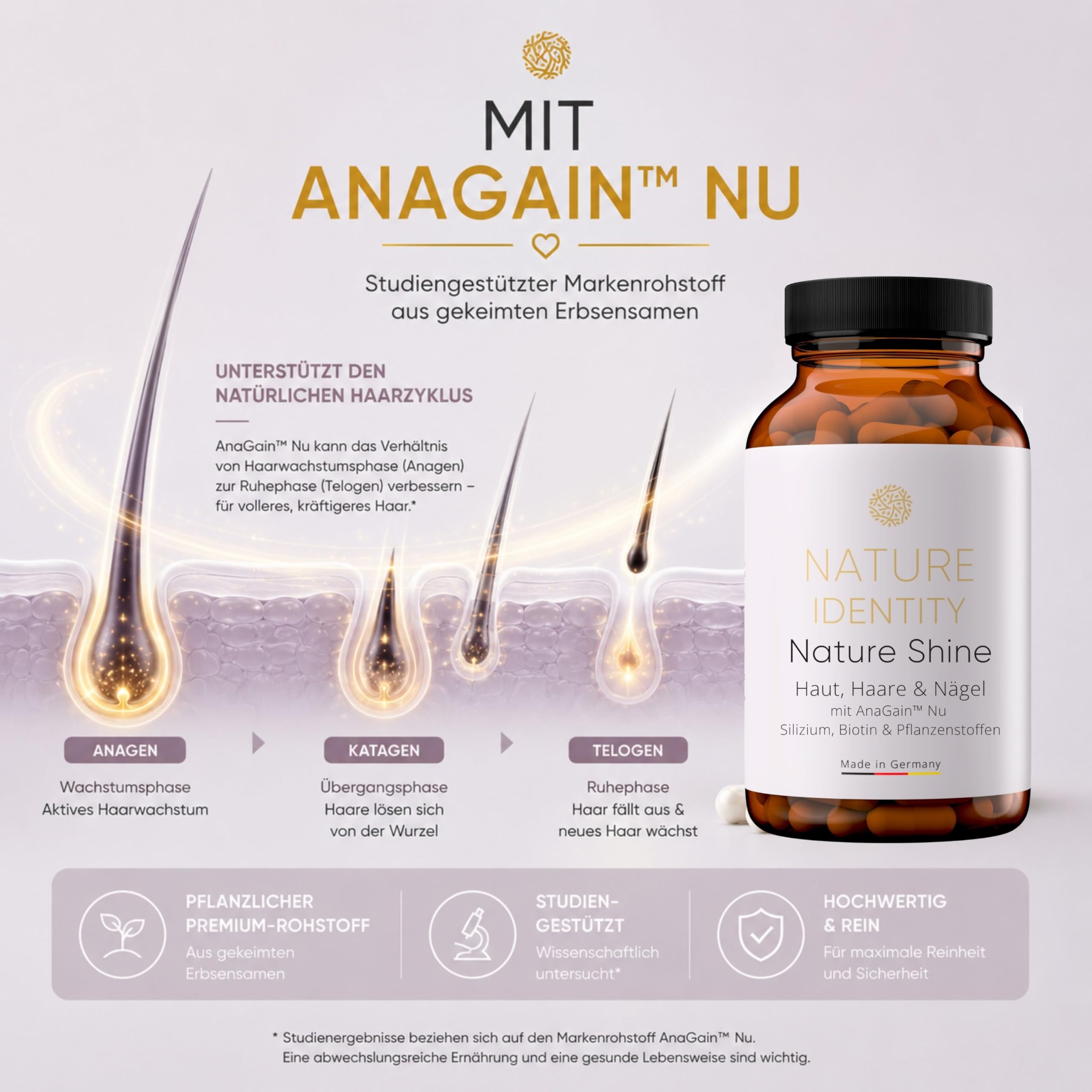 Nature Shine - Haar Vitamine mit 460mg Silizium, AnaGain™ Nu, Biotin, Zink, Selen für Haare, Haut, Nägel 120 Haar Kapseln für Frauen und Männer - Vegan