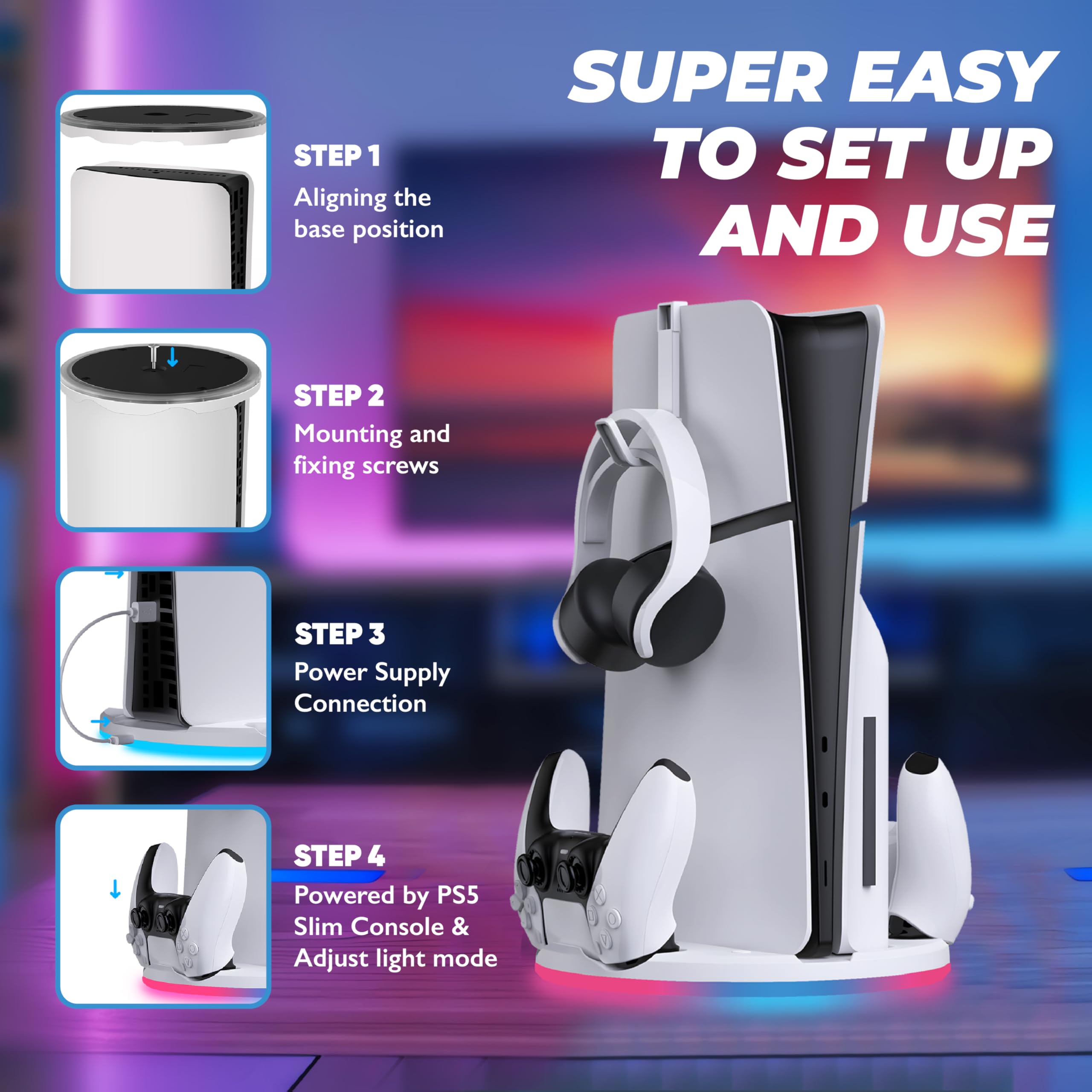 Soporte con Cargador de Controlador Dual para PS5 Slim – PlayStation 5 – Base con Base de Carga para Controlador Dual y Soporte para Auriculares – Iluminación RGB – Carga rápida – para Doble Sense y