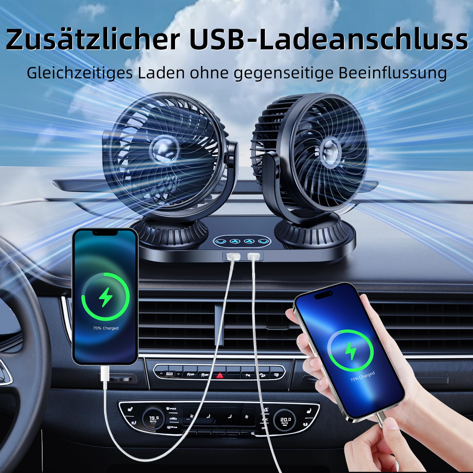 Ventilatore per auto, 12 V, 24 V, accendisigari a doppia testa, silenzioso, con 2 porte USB, 3 velocità, oscillazione a 270° e girevole a 360°, ventilatore per auto, camion, SUV, camper