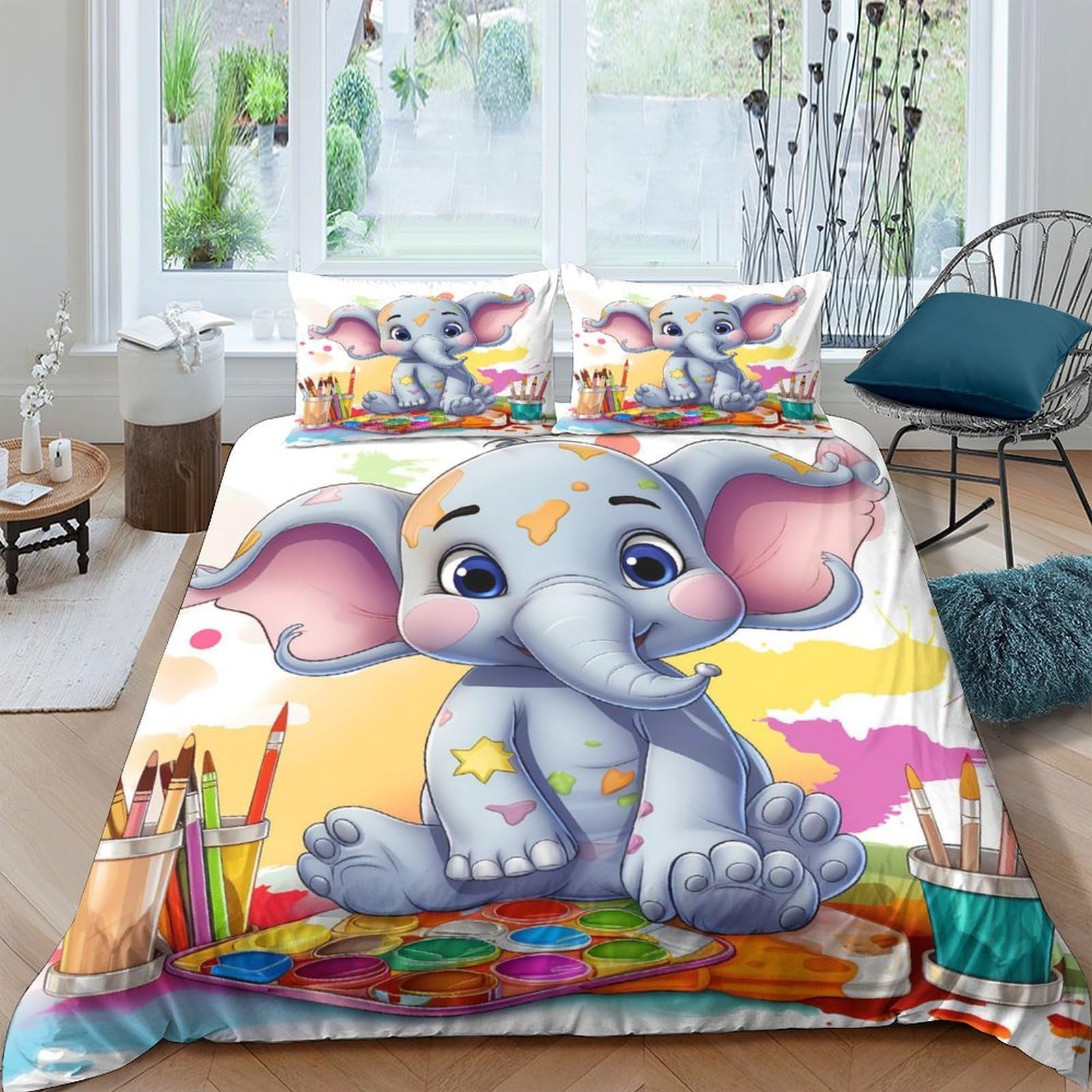 Parure de lit éléphant 260x220 cm avec housse de couette et taies d'oreiller pour enfant