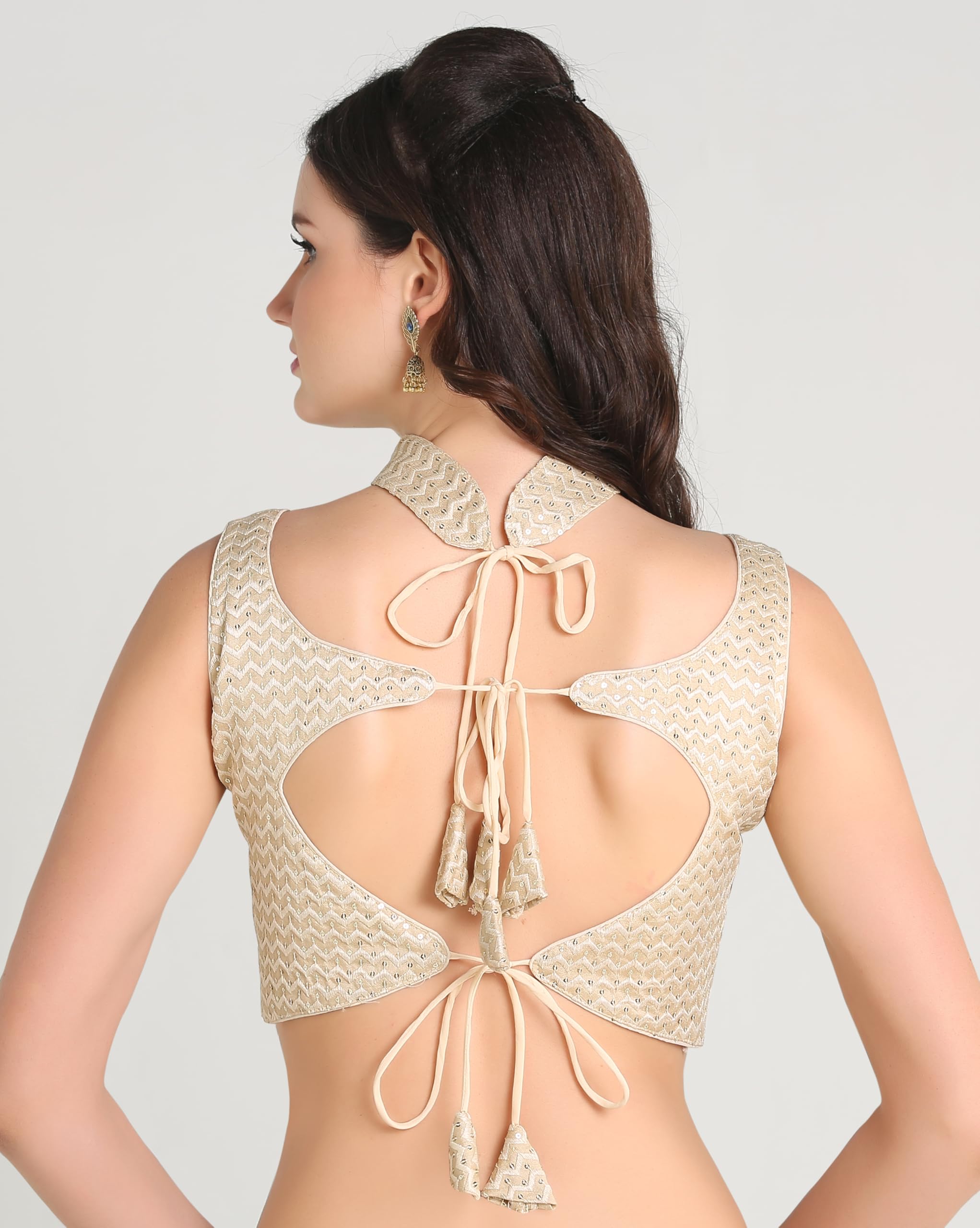 Pujia Mills Woman's Readymade Sleeveless Gold Blouse Halter Neck With String Pattern Backless Ethnic Wear Pattern Choli Blouse