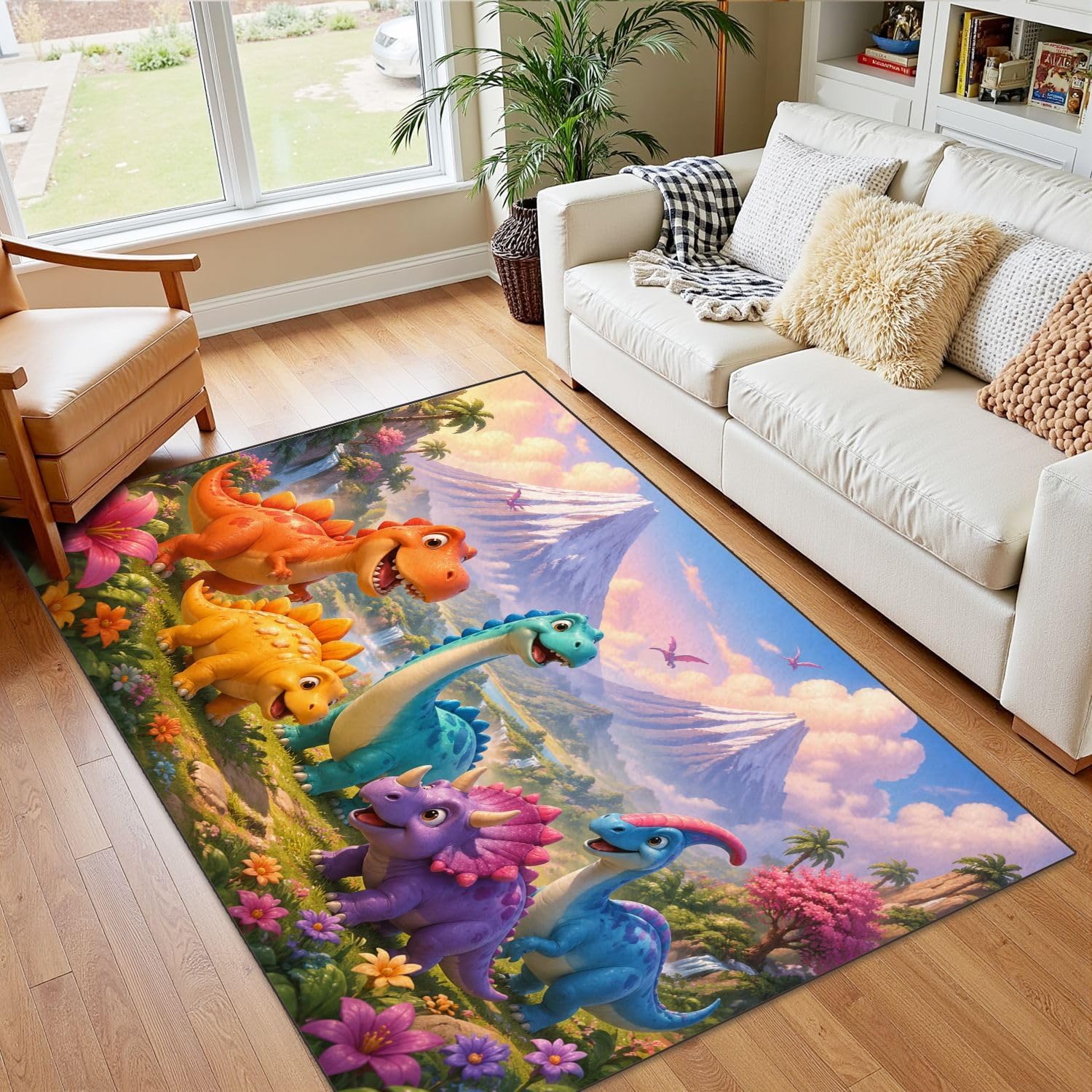 4x5 Boho Rug Rugs for Living Room Rugs for Entryway Cute Cartoon Dinosaurs Colorful Prehistoric Landscape Bedroom Rug Door Mat Nursery Room Decor Rainbow Carpet