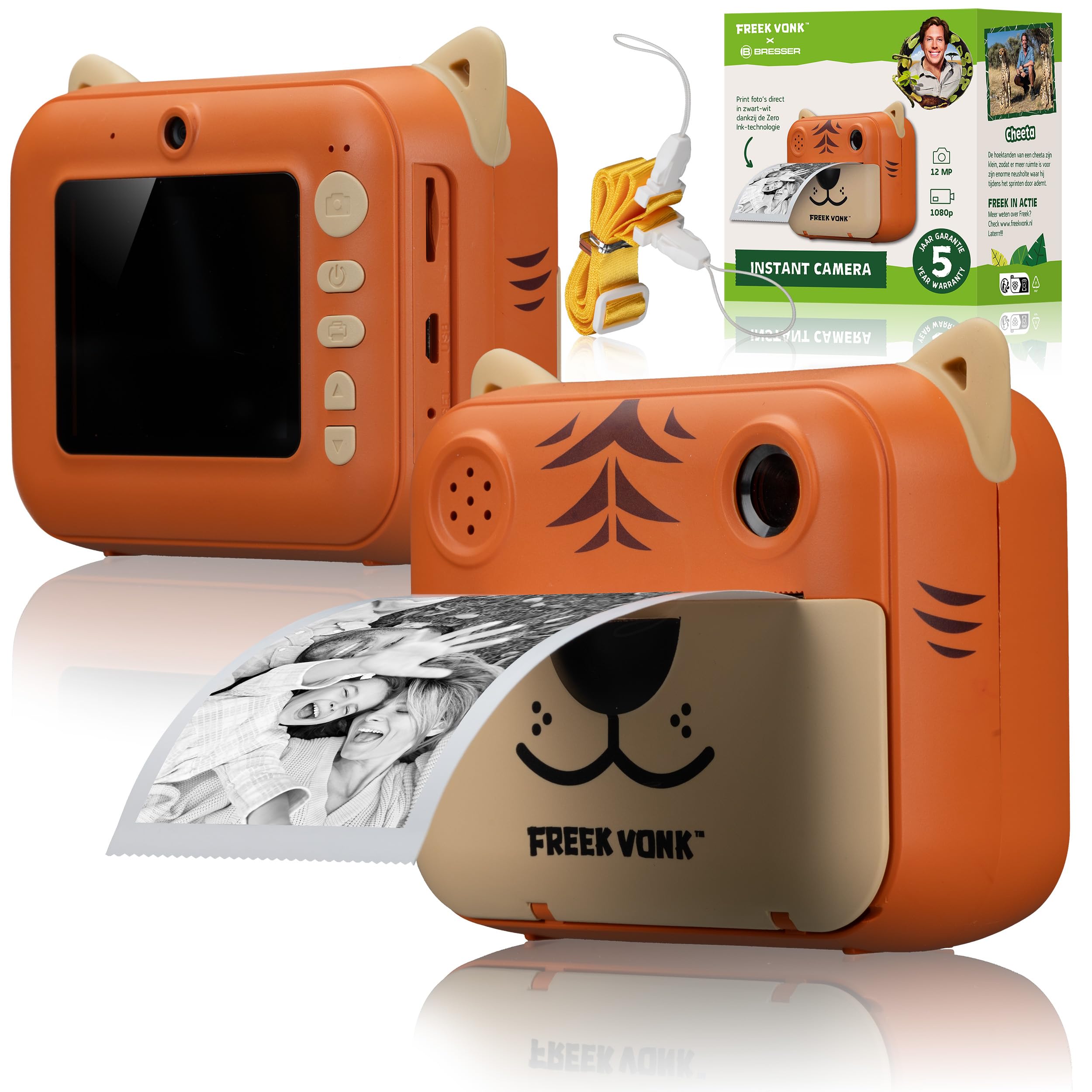 Freek Vonk x Bresser Kinder-Sofortbildkamera - Tigerdesign, Front- und Rückkamera, 16 Rahmen, 93x73x44 mm, 165 g
