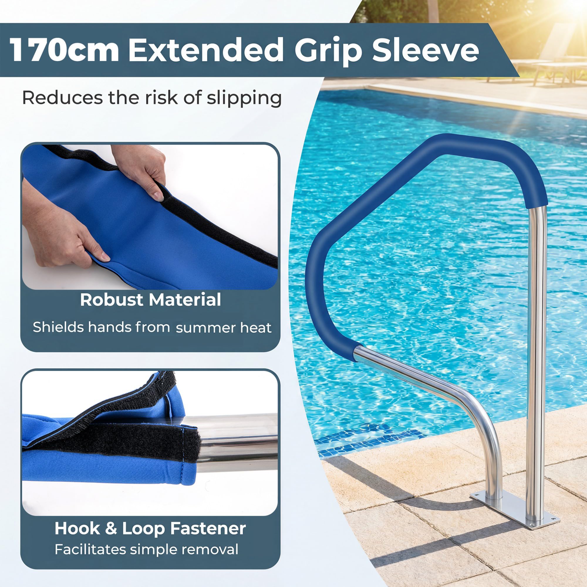 HOMASIS Main Courante Piscine, Rampe de Sécurité en Acier Inoxydable Antirouille, Housse Antidérapante, Soudure Renforcée, Charge 250 kg, Barre d’Appui pour Piscine, Spa, Parc Aquatique, 119x79cm